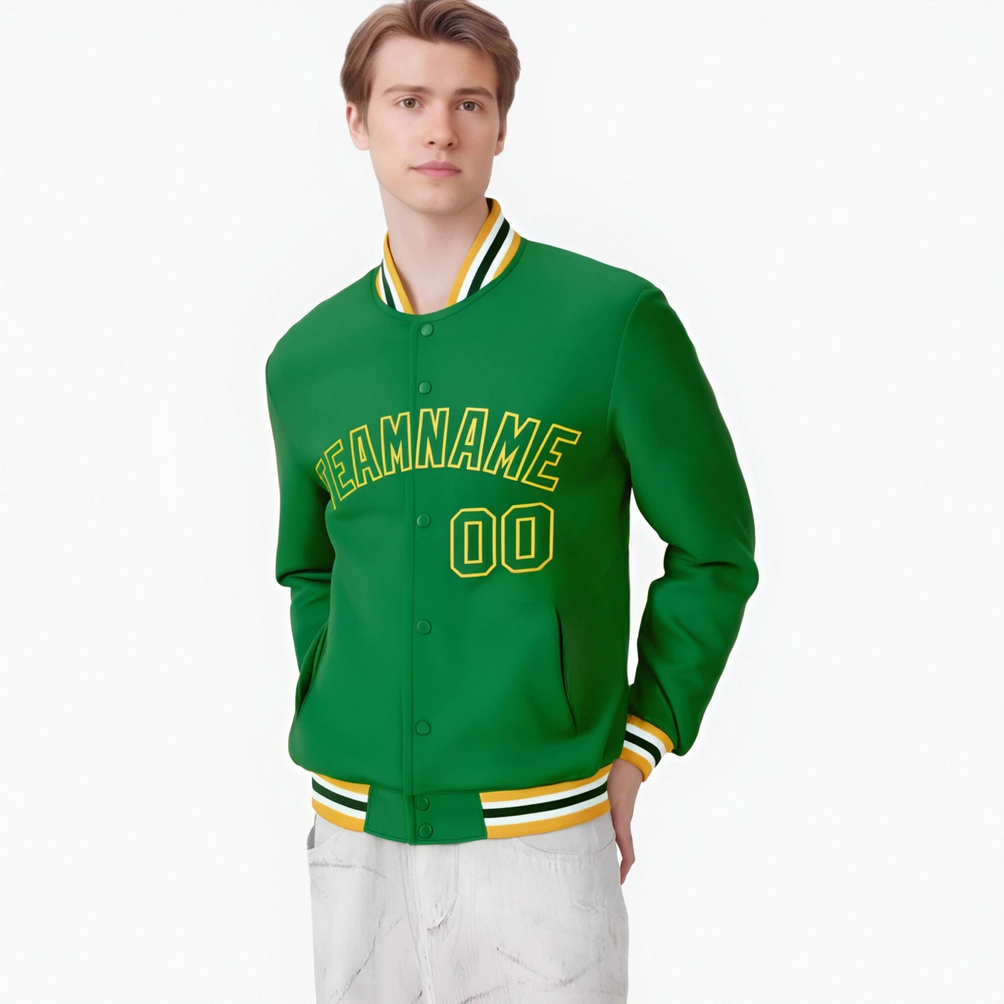 Custom Neon-Green Gold Bomber Full-Snap Varsity Letterman Jacket