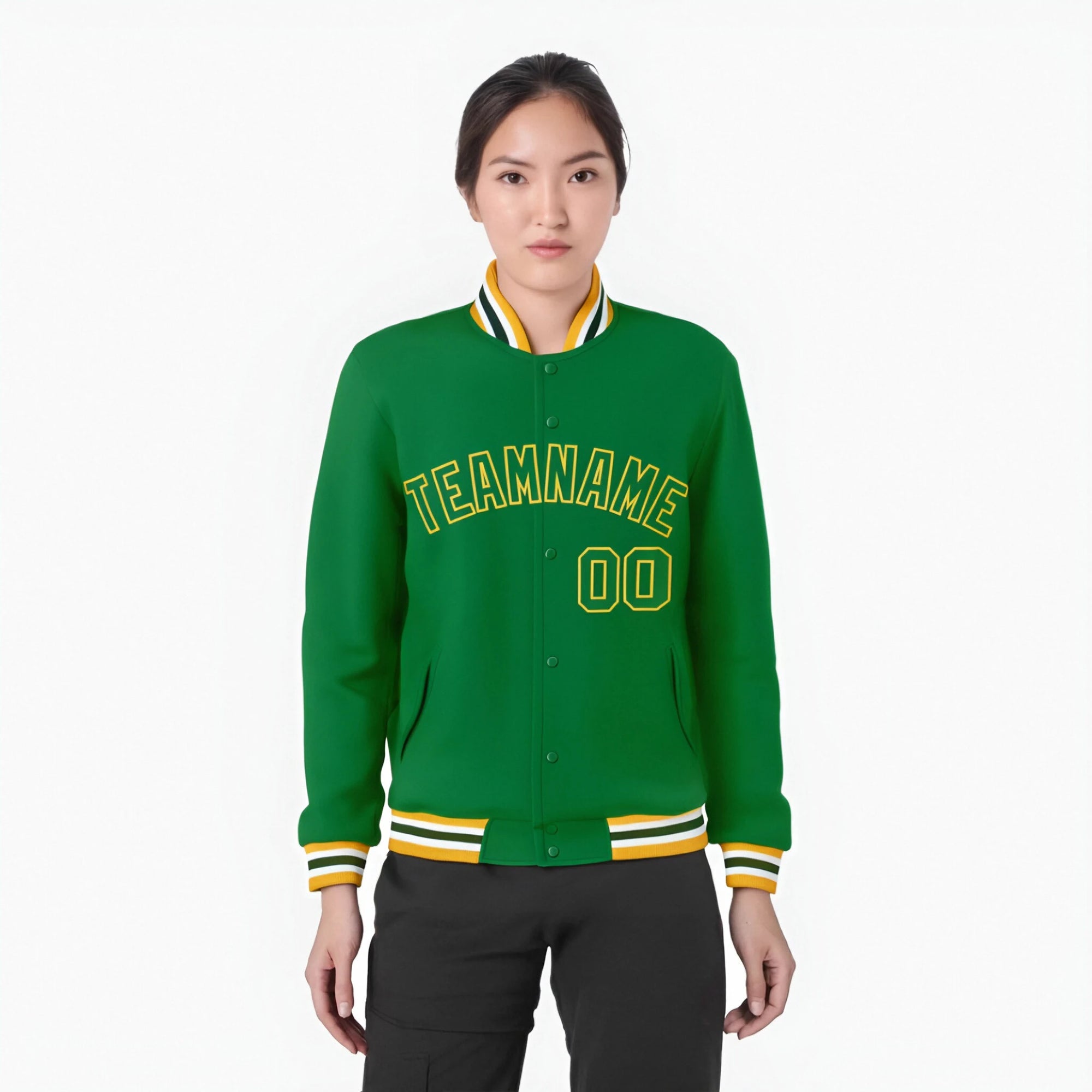 Custom Neon-Green Gold Bomber Full-Snap Varsity Letterman Jacket