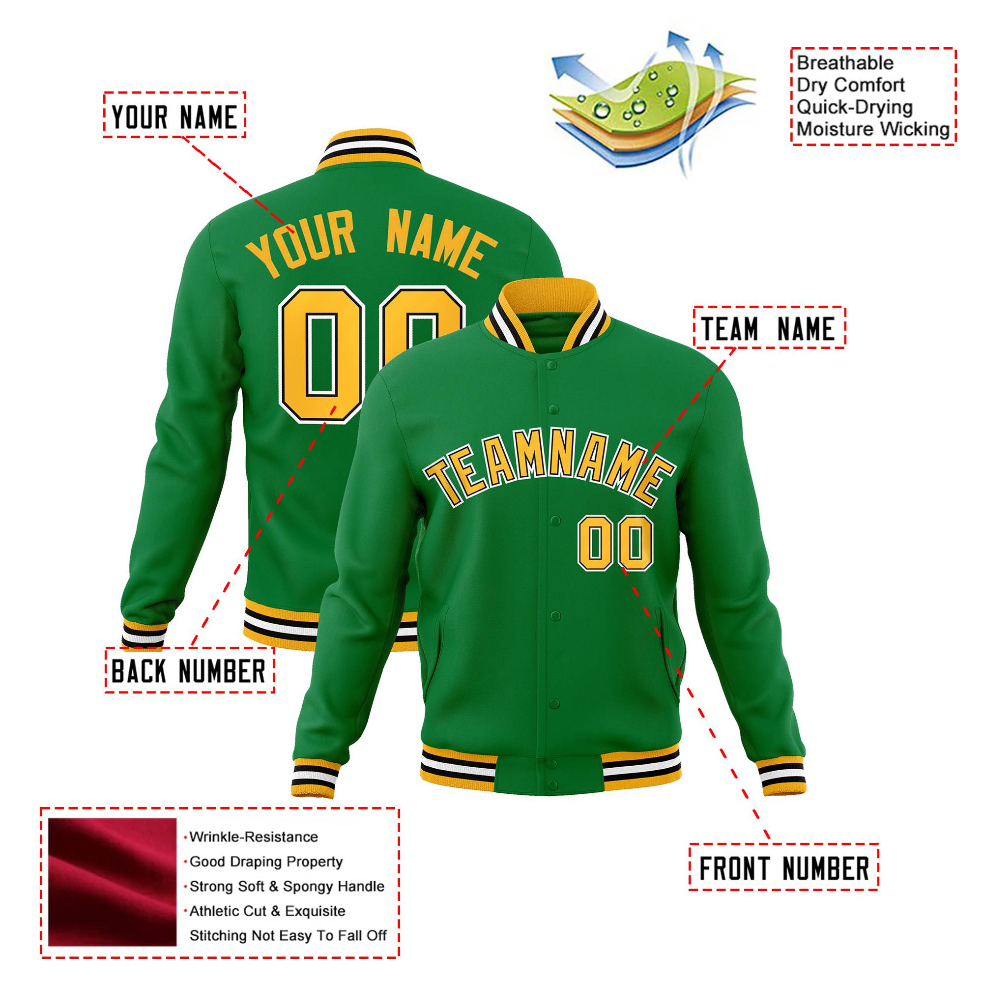 Custom Neon-Green Gold Black-White Bomber Full-Snap Varsity Letterman Jacket