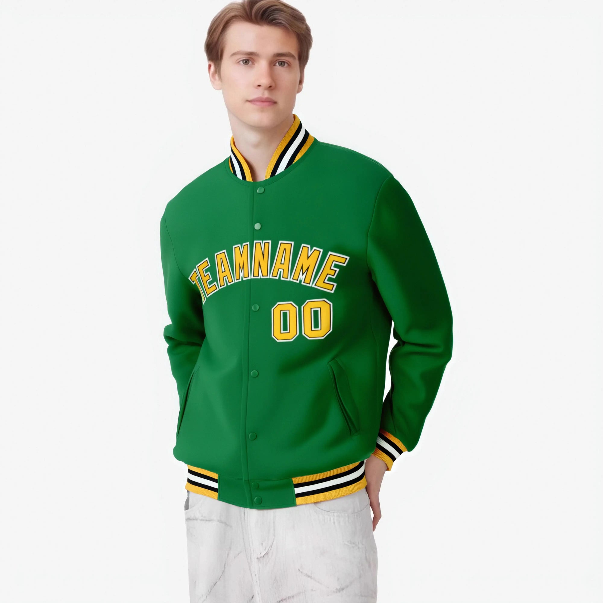 Custom Neon-Green Gold Black-White Bomber Full-Snap Varsity Letterman Jacket