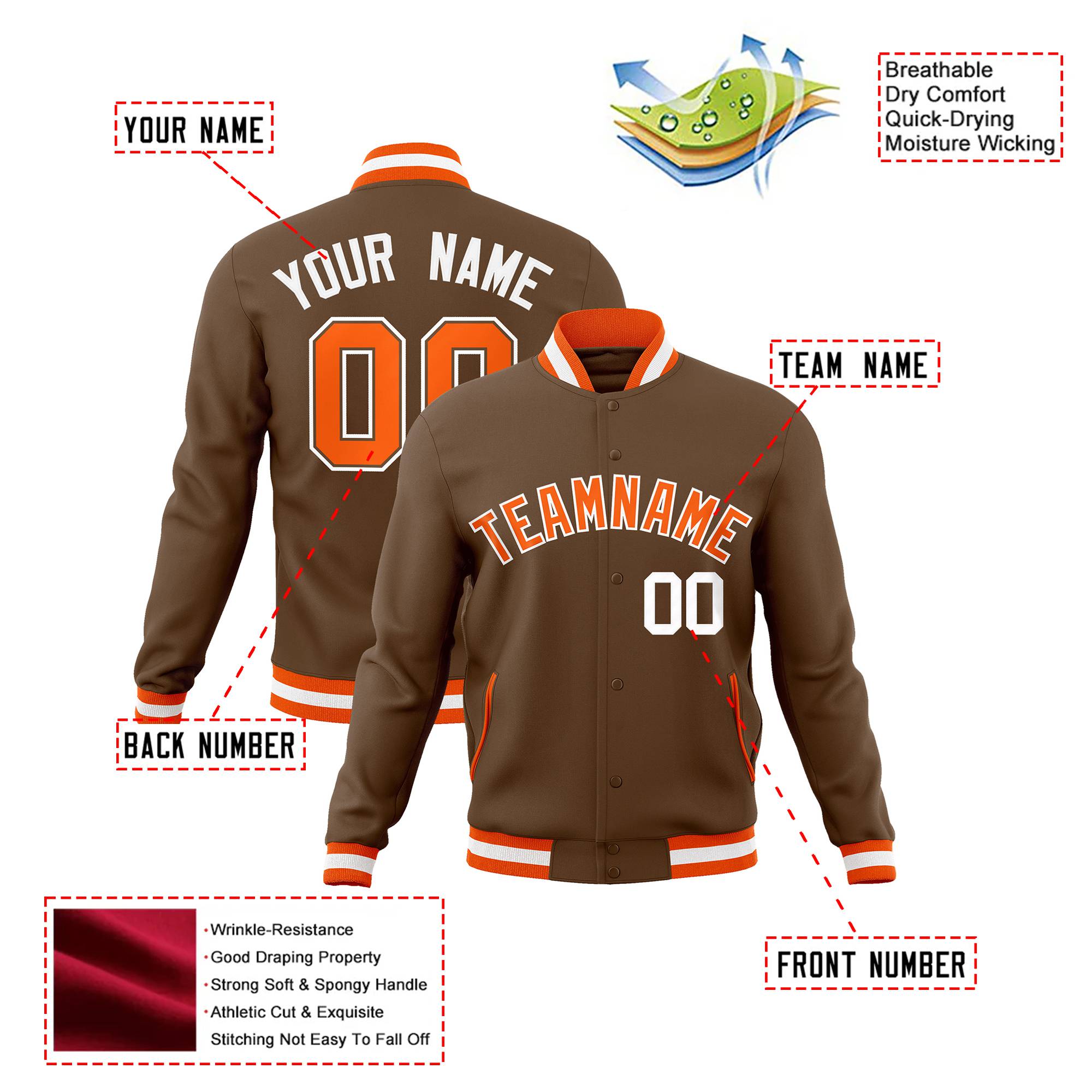 Custom Brown Orange White Bomber Full-Snap Varsity Letterman Jacket