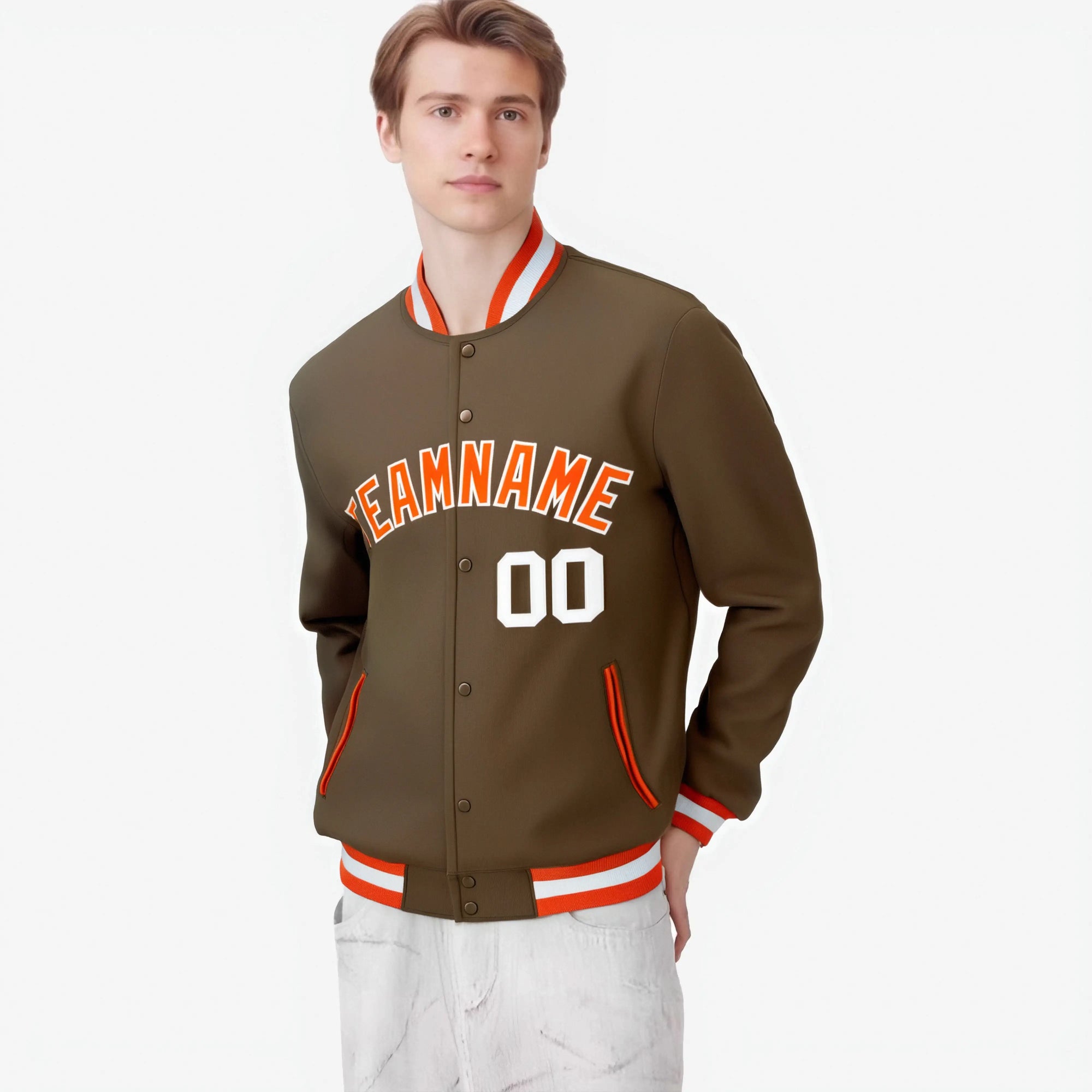 Custom Brown Orange White Bomber Full-Snap Varsity Letterman Jacket