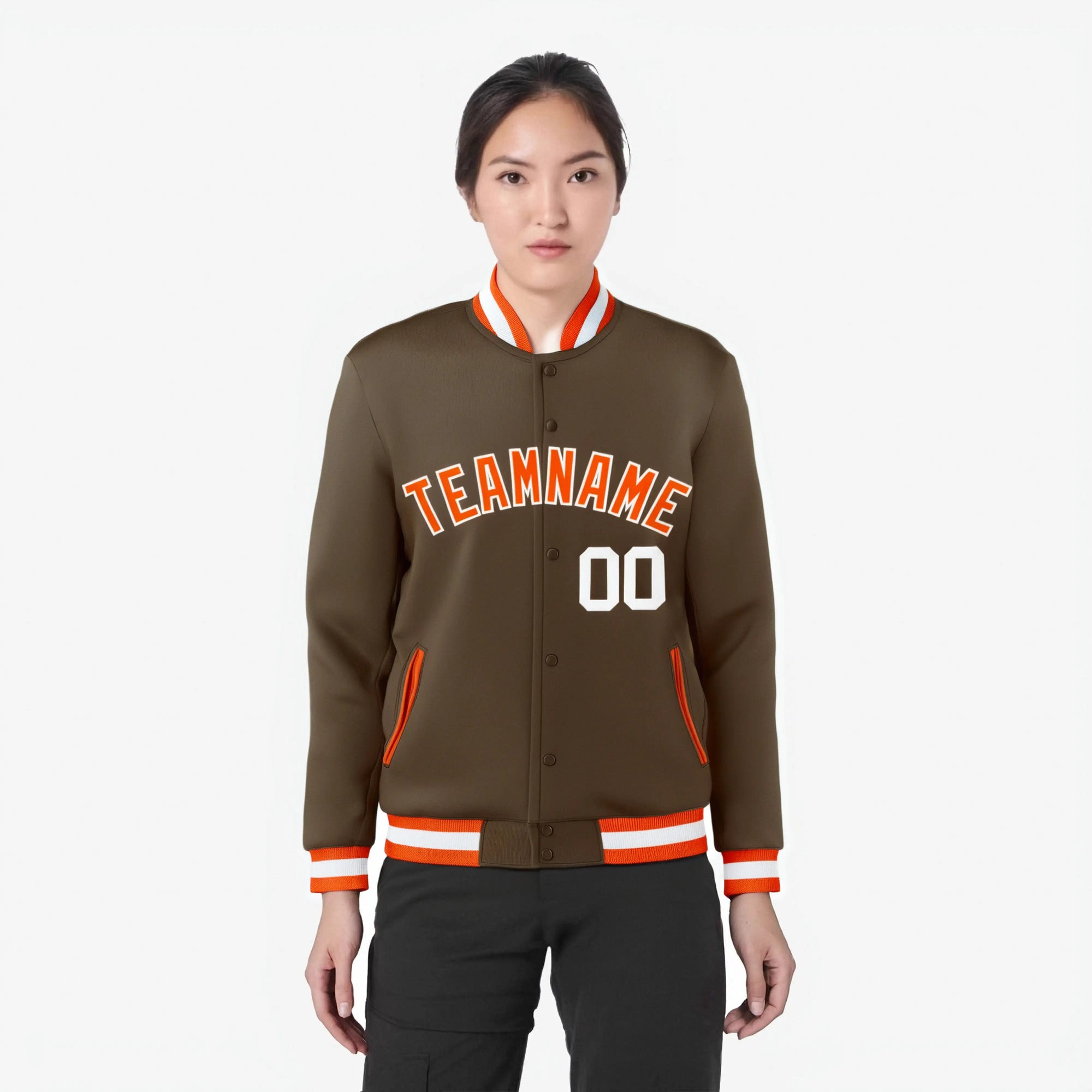 Custom Brown Orange White Bomber Full-Snap Varsity Letterman Jacket