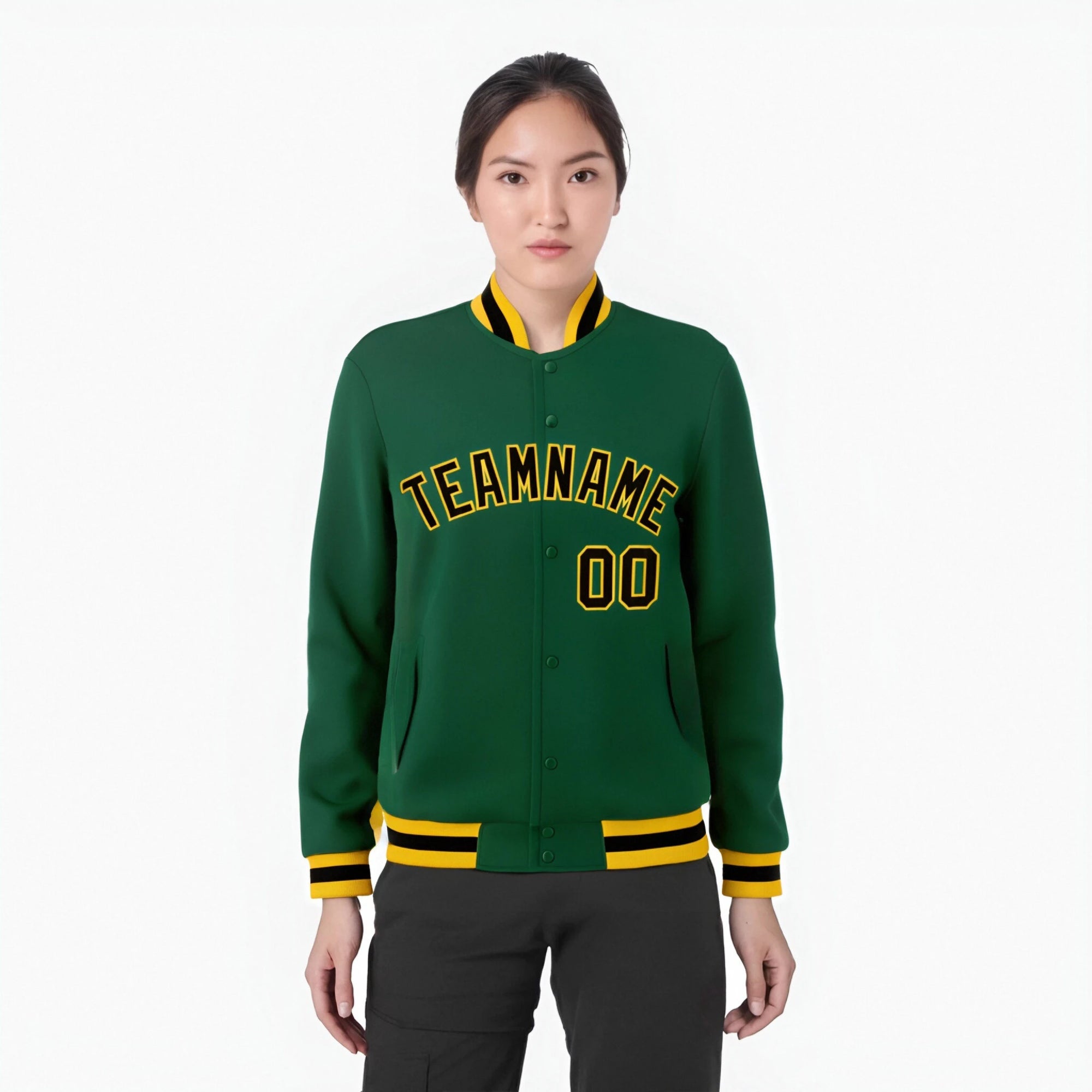 Custom Midnight-Green Black Gold Bomber Full-Snap Varsity Letterman Jacket