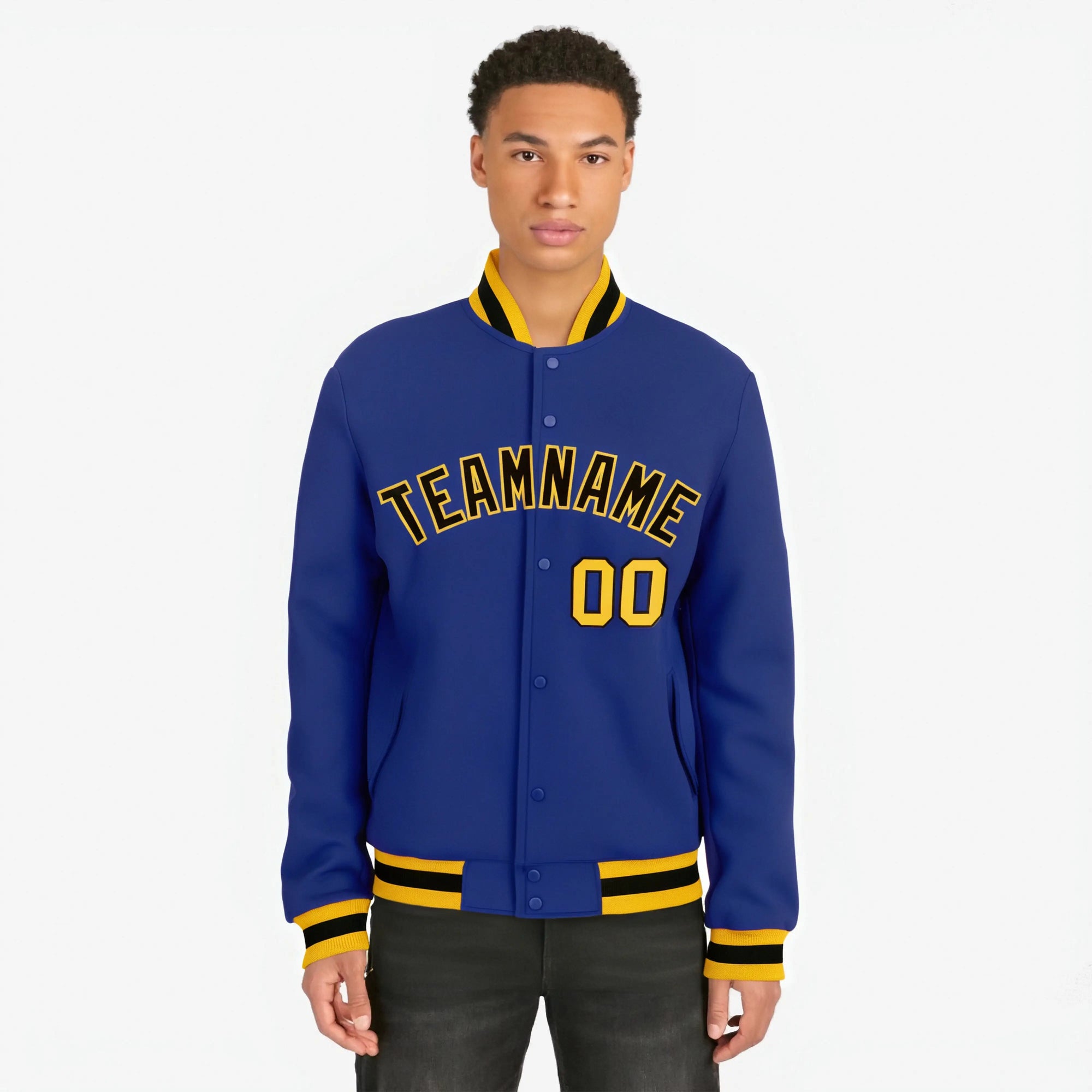 Custom Purple Black-Gold Bomber Full-Snap Varsity Letterman Jacket