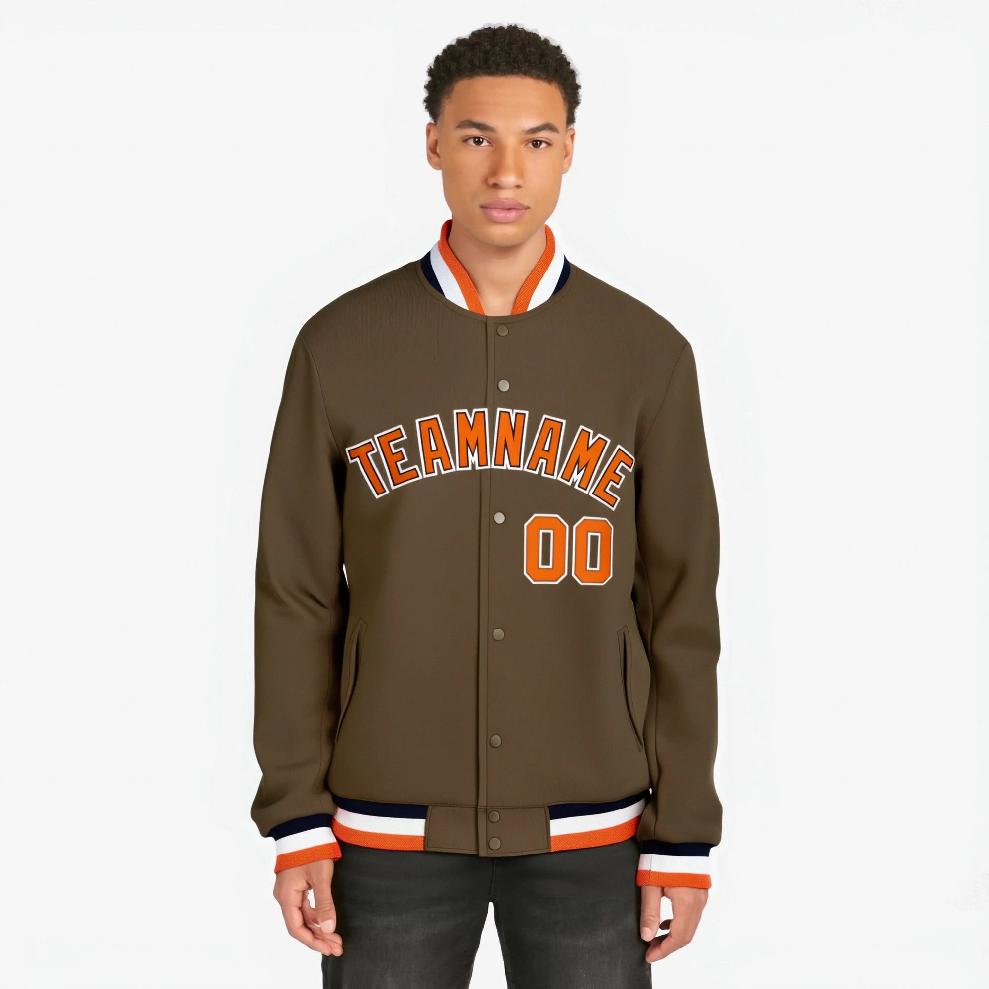 Custom Brown Orange White Black Bomber Full-Snap Varsity Letterman Jacket