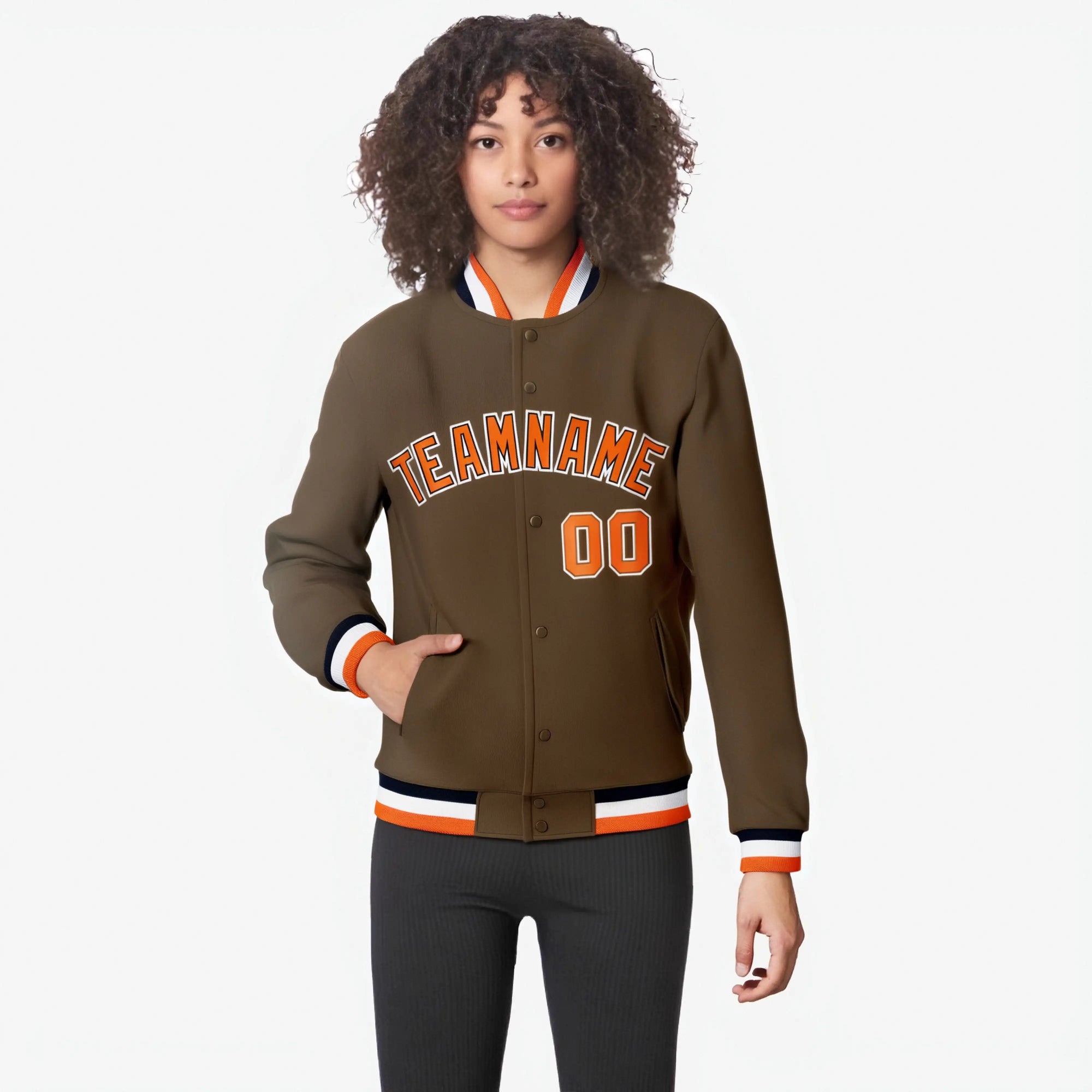 Custom Brown Orange White Black Bomber Full-Snap Varsity Letterman Jacket