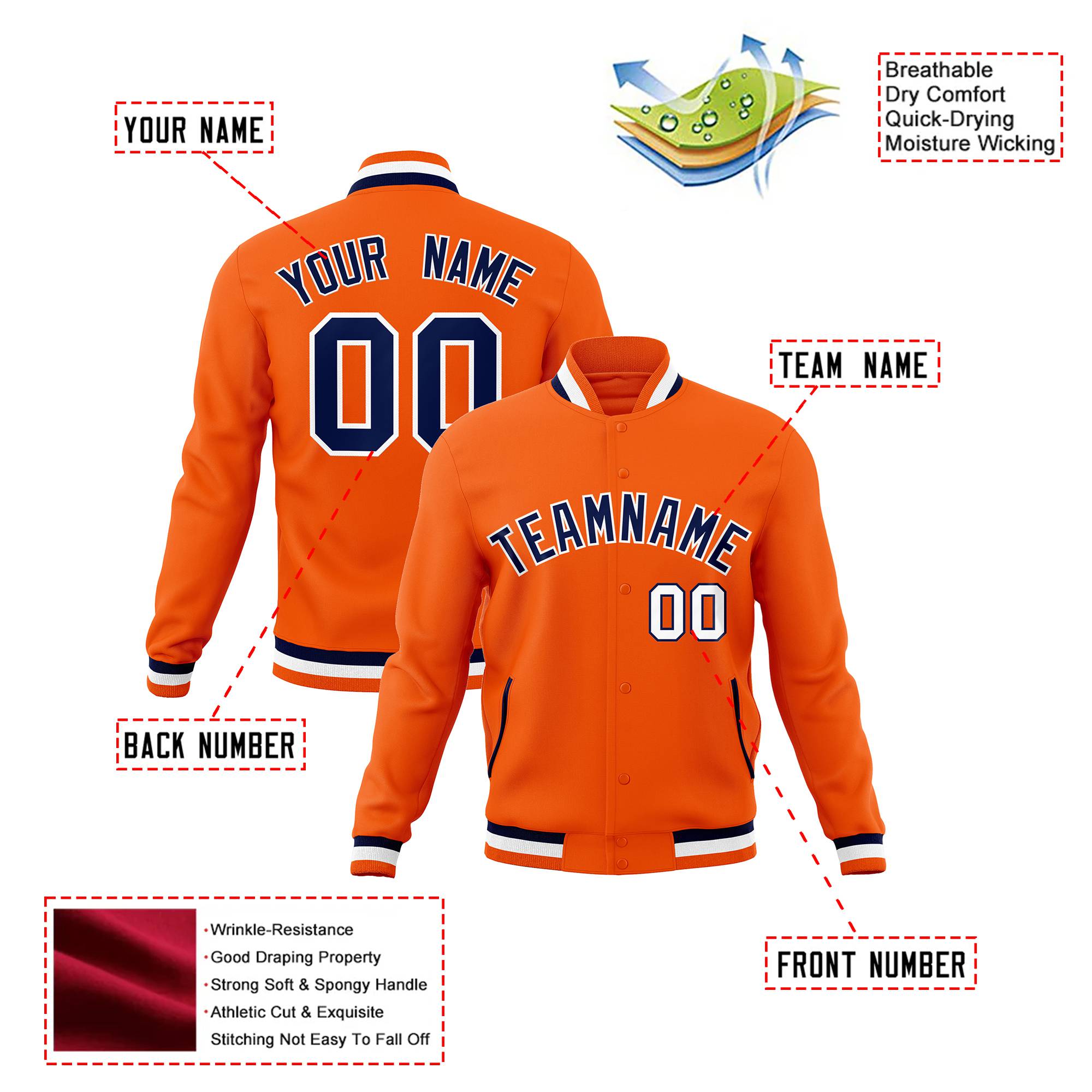 Custom Orange Navy White Bomber Full-Snap Varsity Letterman Jacket