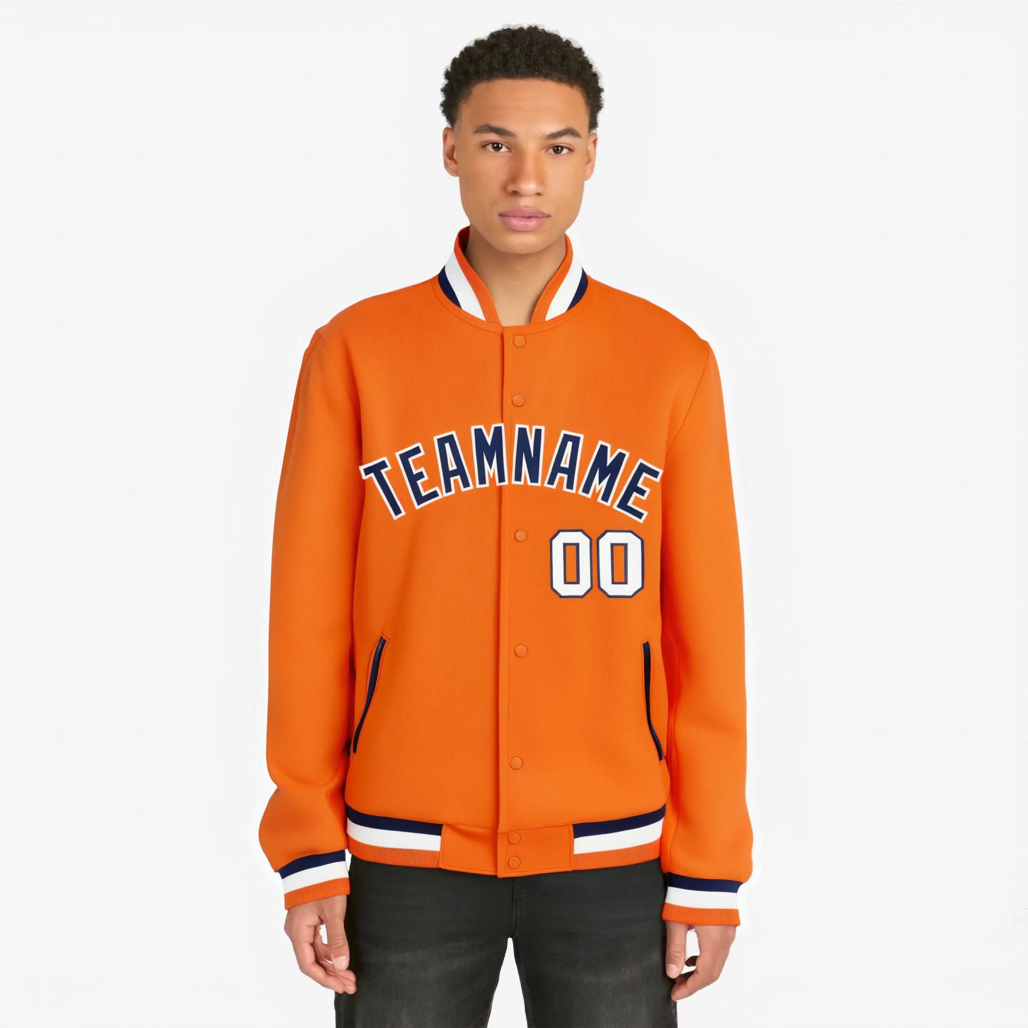 Custom Orange Navy White Bomber Full-Snap Varsity Letterman Jacket