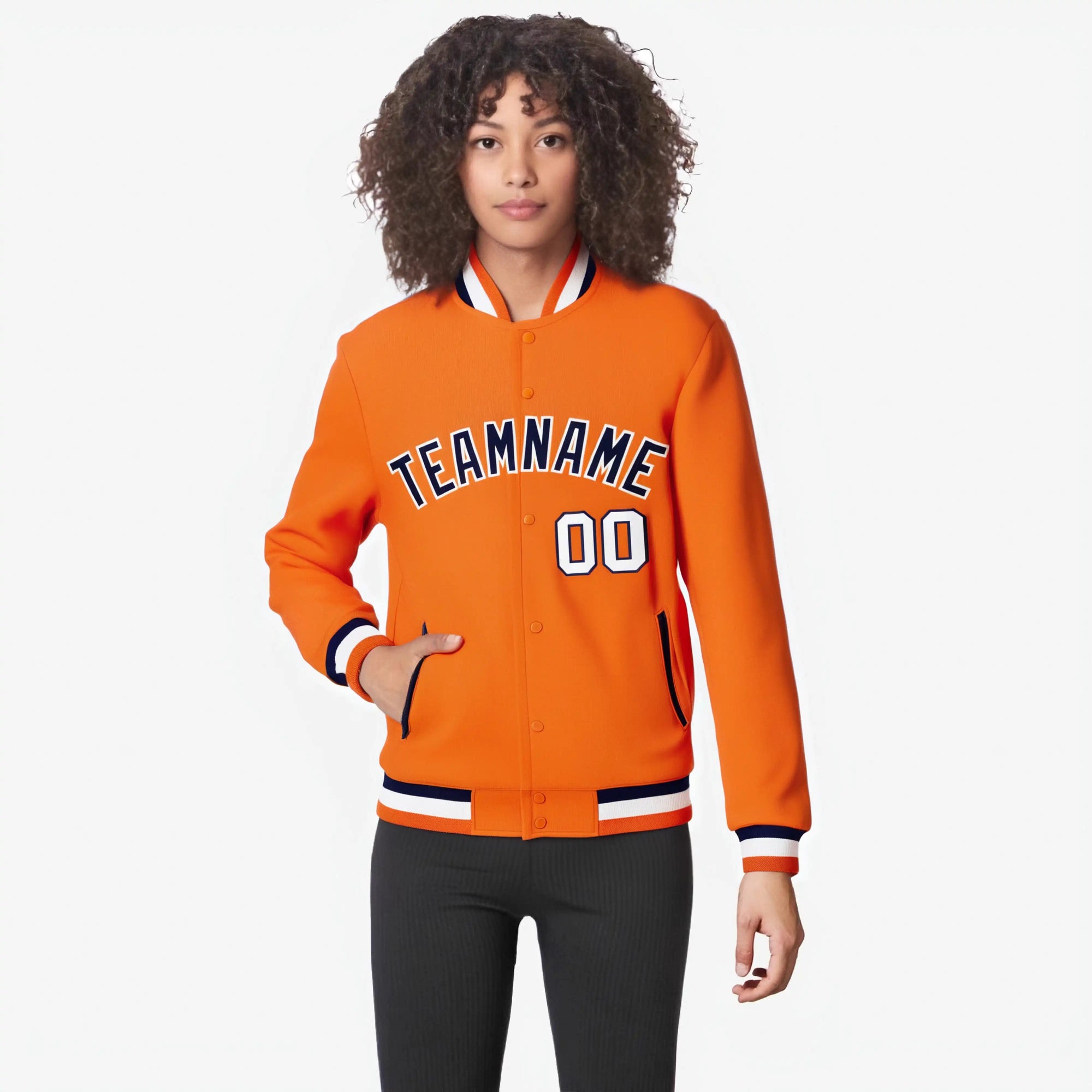 Custom Orange Navy White Bomber Full-Snap Varsity Letterman Jacket