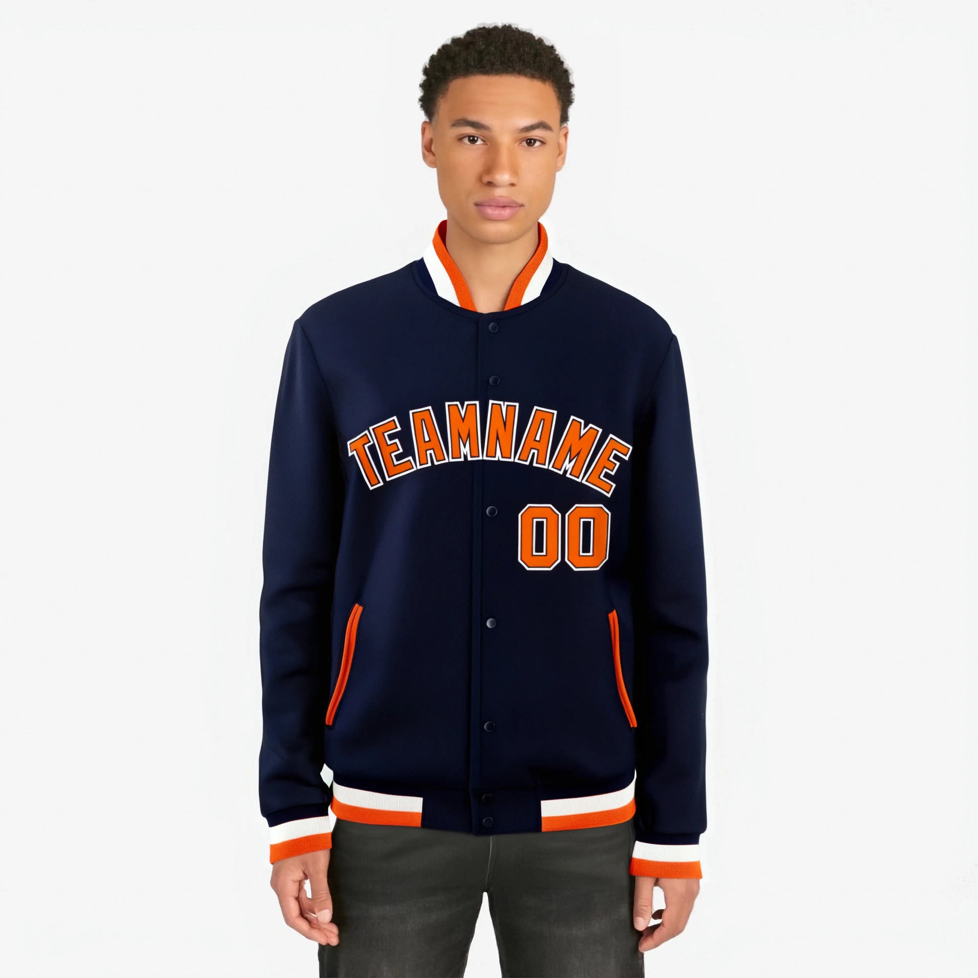 Custom Navy Orange White Bomber Full-Snap Varsity Letterman Jacket