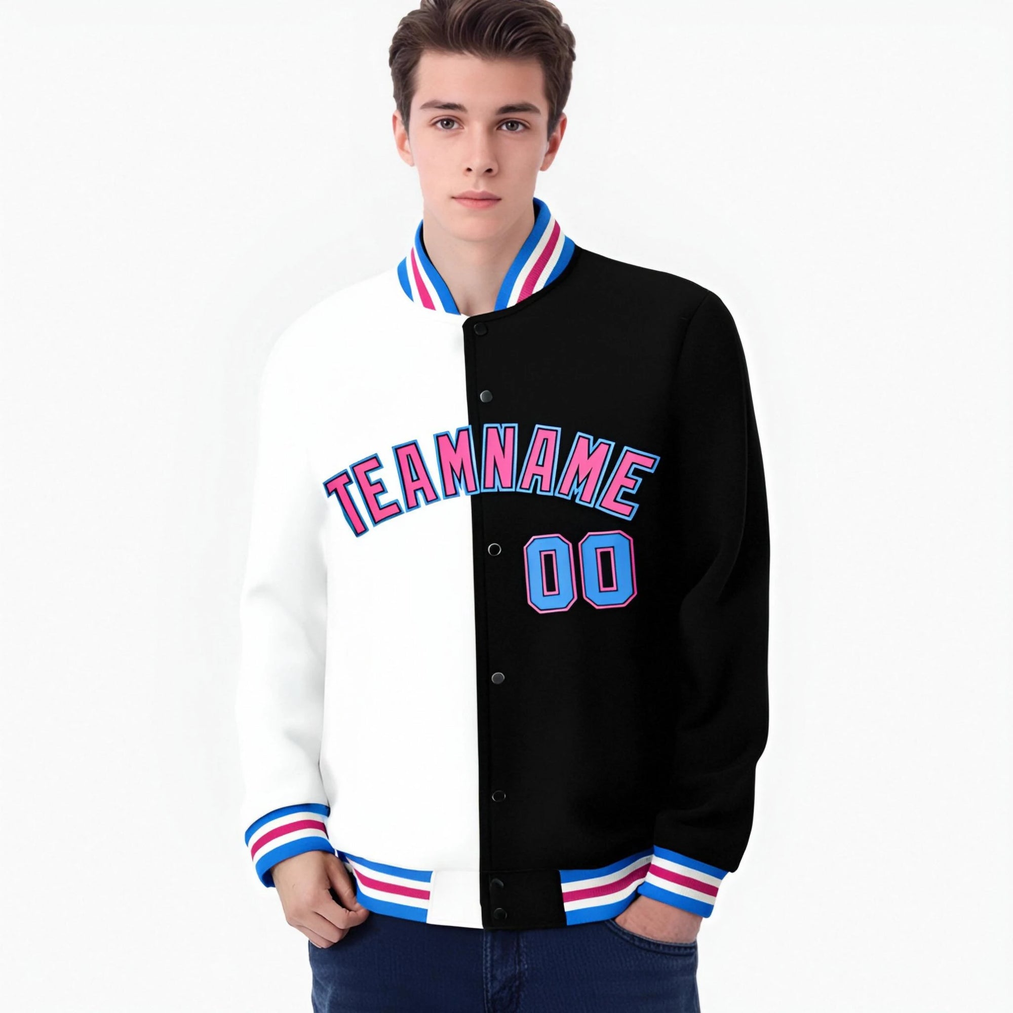 Custom White Light-Blue Black Bomber Full-Snap Varsity Letterman Split Fashion Jacket