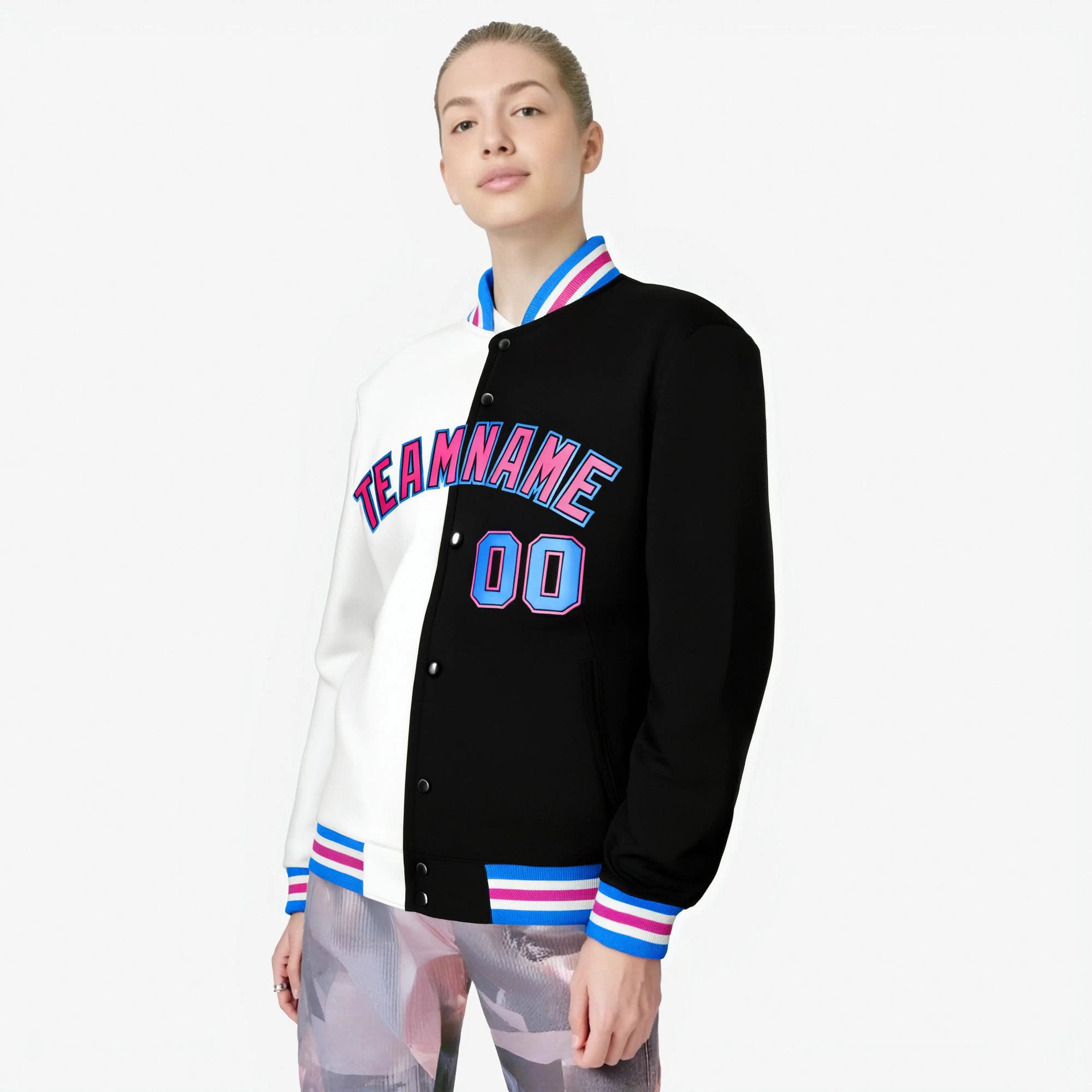 Custom White Light-Blue Black Bomber Full-Snap Varsity Letterman Split Fashion Jacket