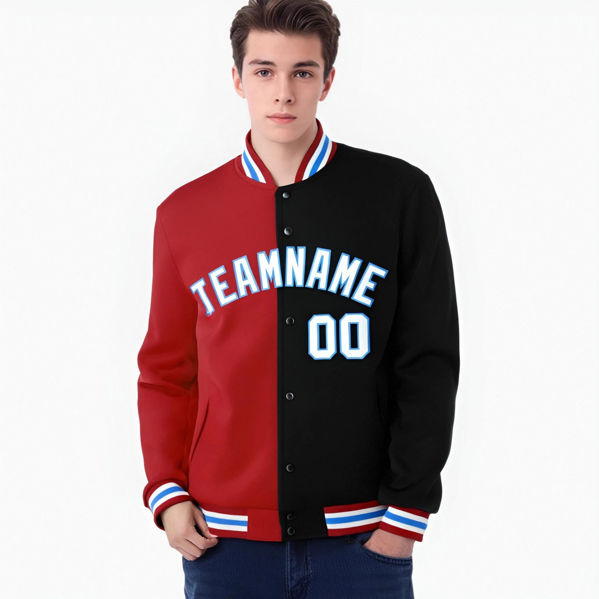 Custom Royal-Red Light-Blue Black Bomber Full-Snap Varsity Letterman Split Fashion Jacket