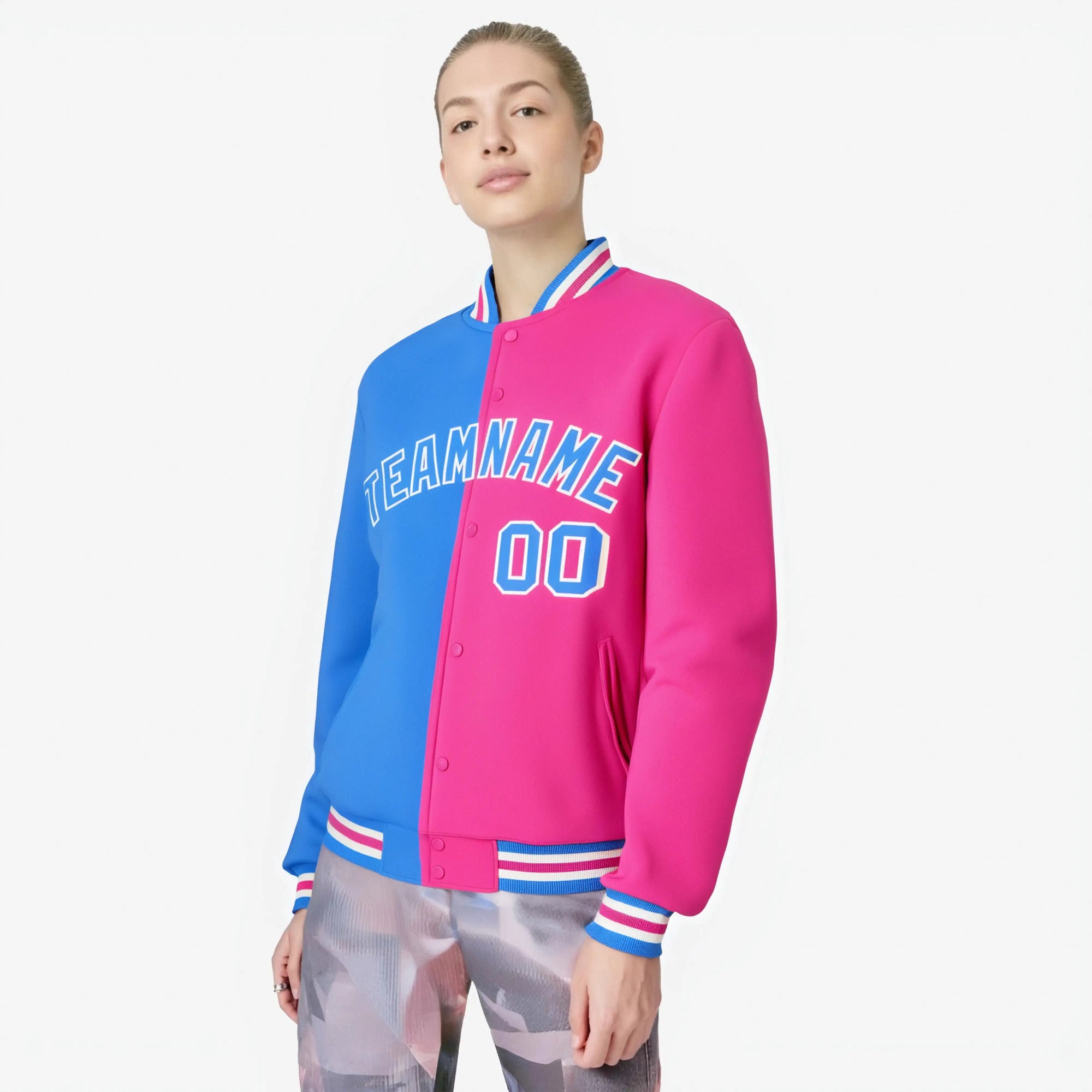 Custom Light-Blue Pink Bomber Full-Snap Varsity Letterman Split Fashion Jacket