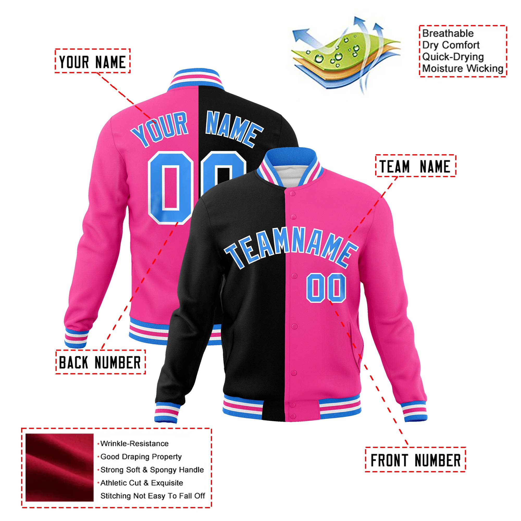 Custom Black Light-Blue Pink Bomber Full-Snap Varsity Letterman Split Fashion Jacket