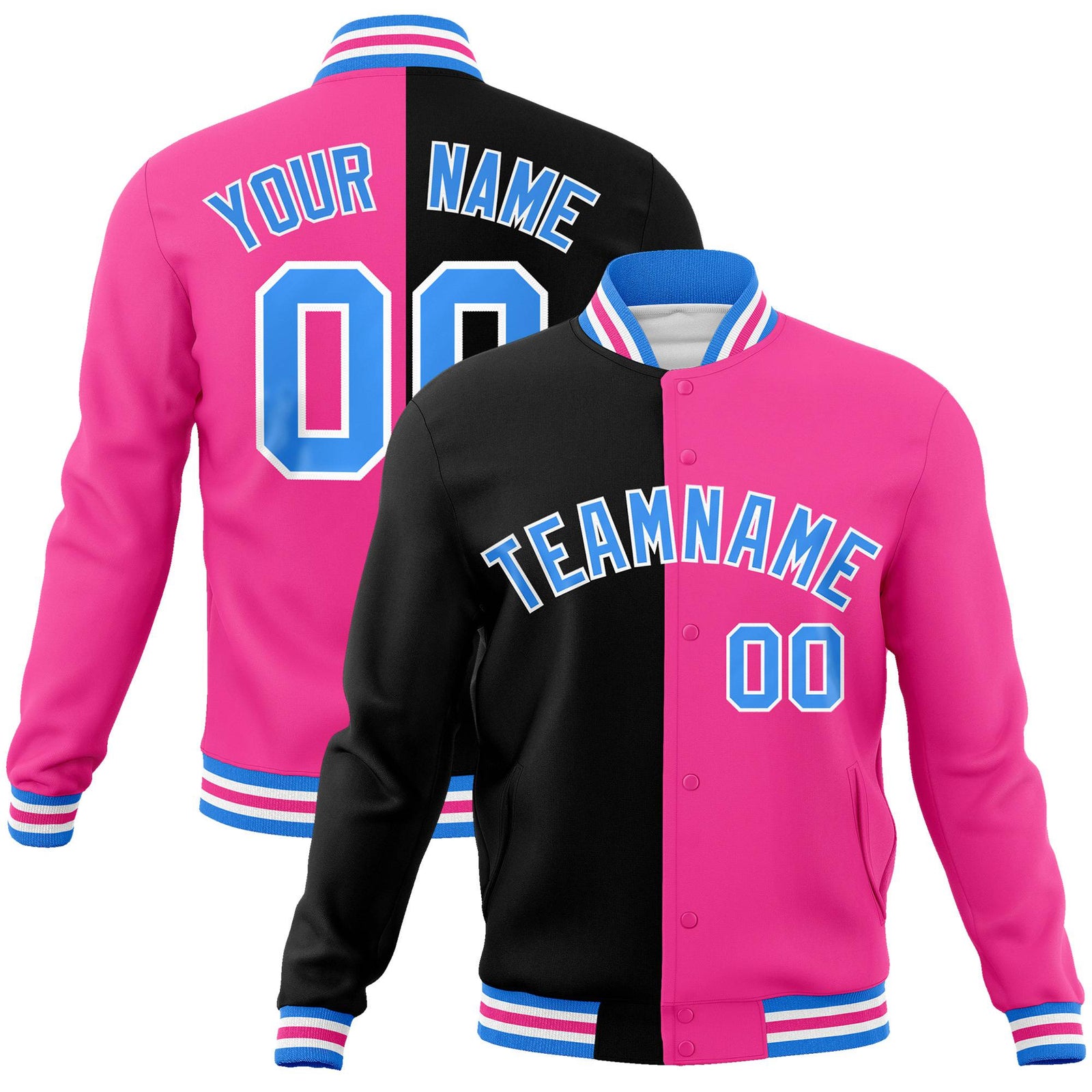 Custom Black Light-Blue Pink Bomber Full-Snap Varsity Letterman Split Fashion Jacket