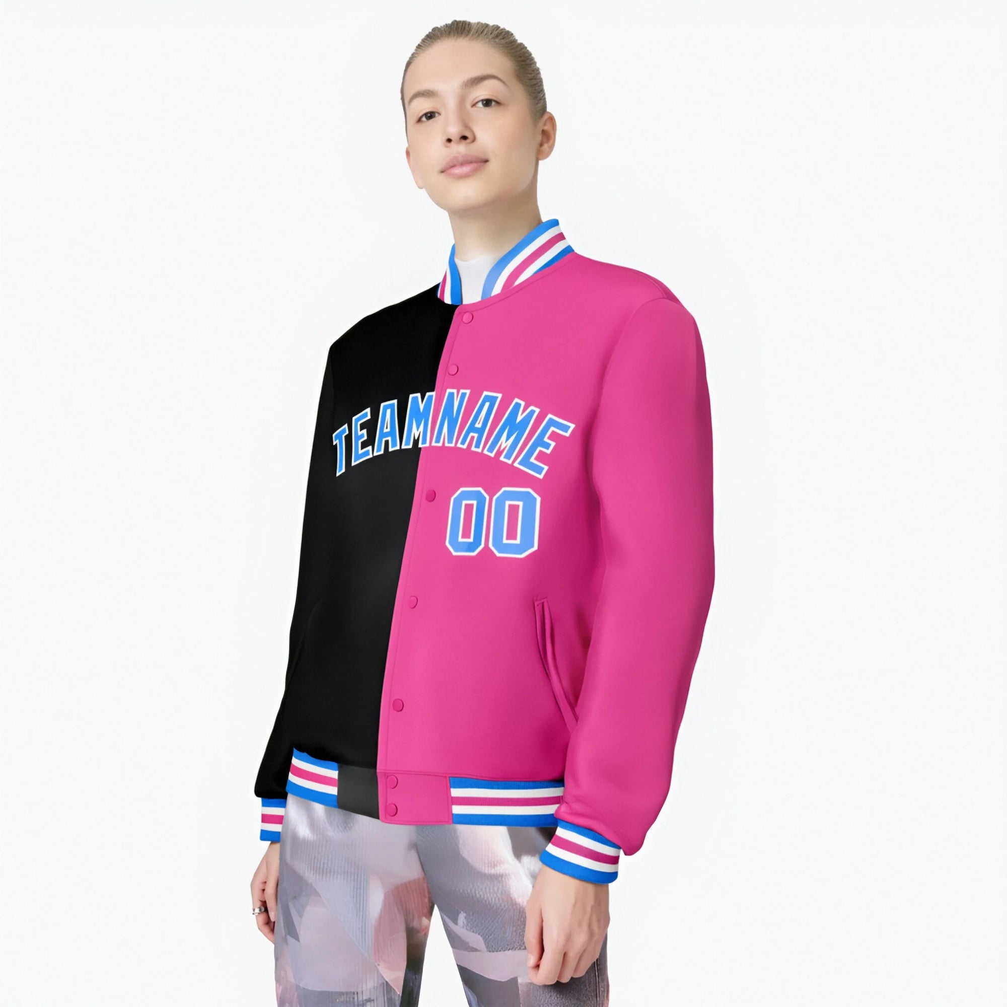 Custom Black Light-Blue Pink Bomber Full-Snap Varsity Letterman Split Fashion Jacket