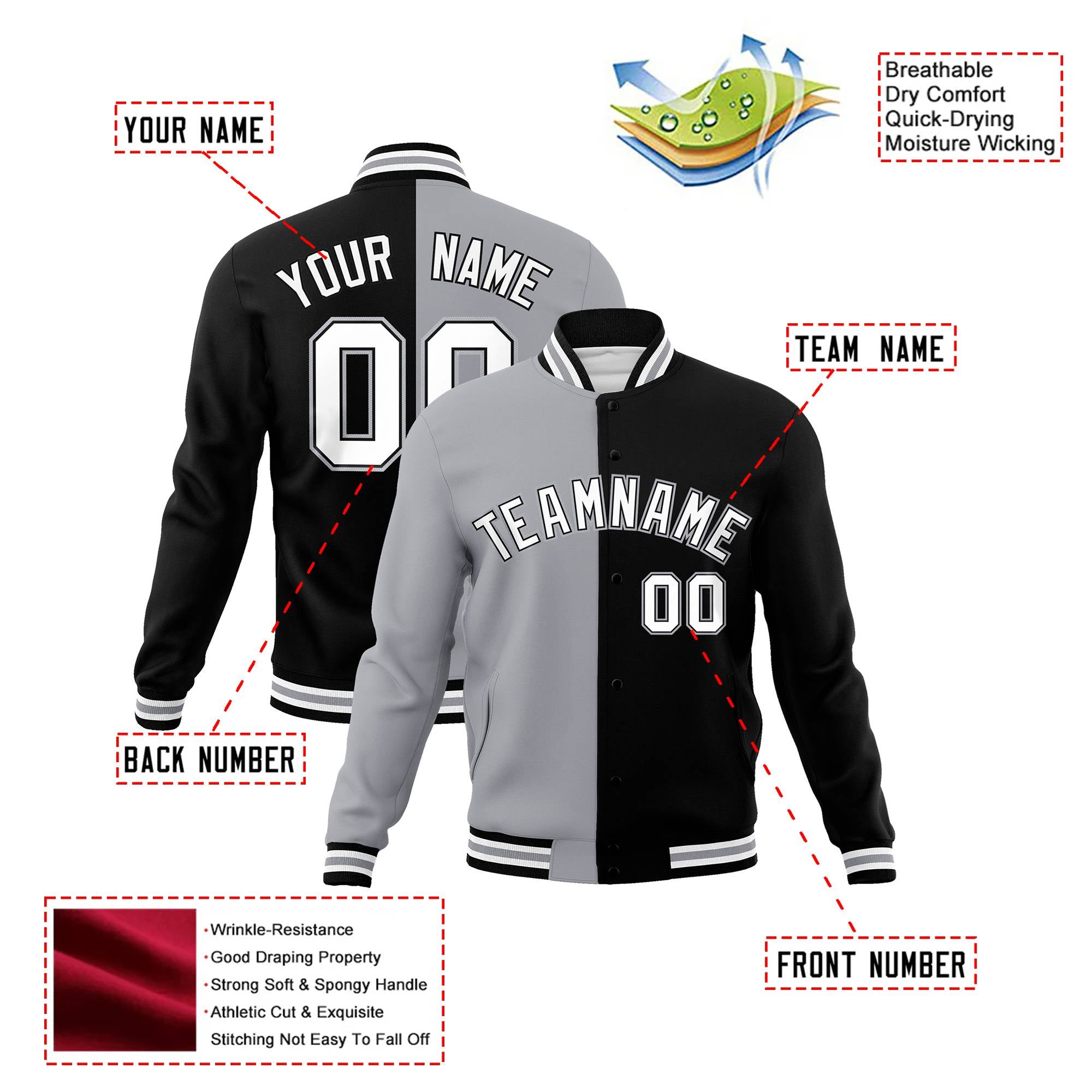 Custom Gray White Black Bomber Full-Snap Varsity Letterman Split Fashion Jacket