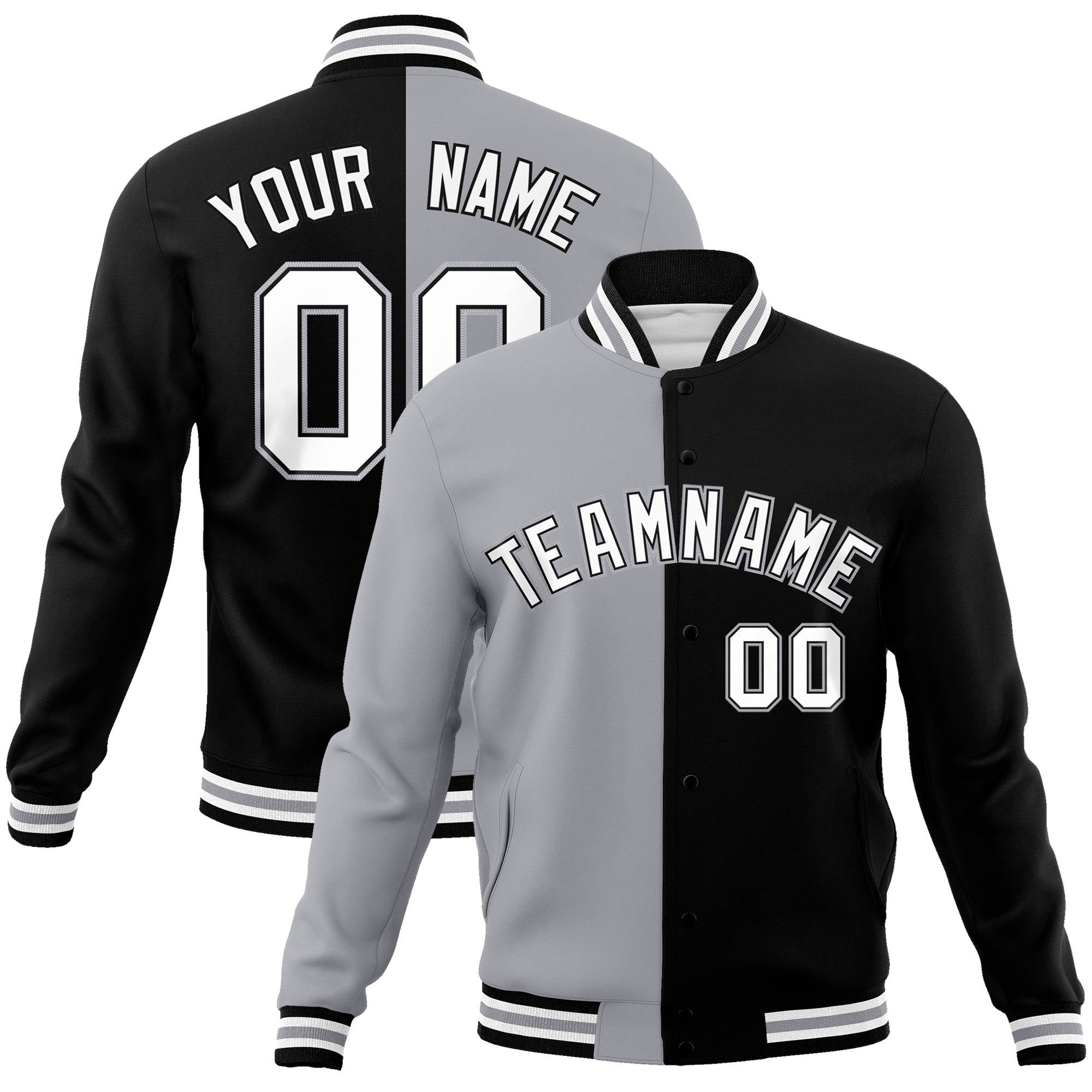 Custom Gray White Black Bomber Full-Snap Varsity Letterman Split Fashion Jacket