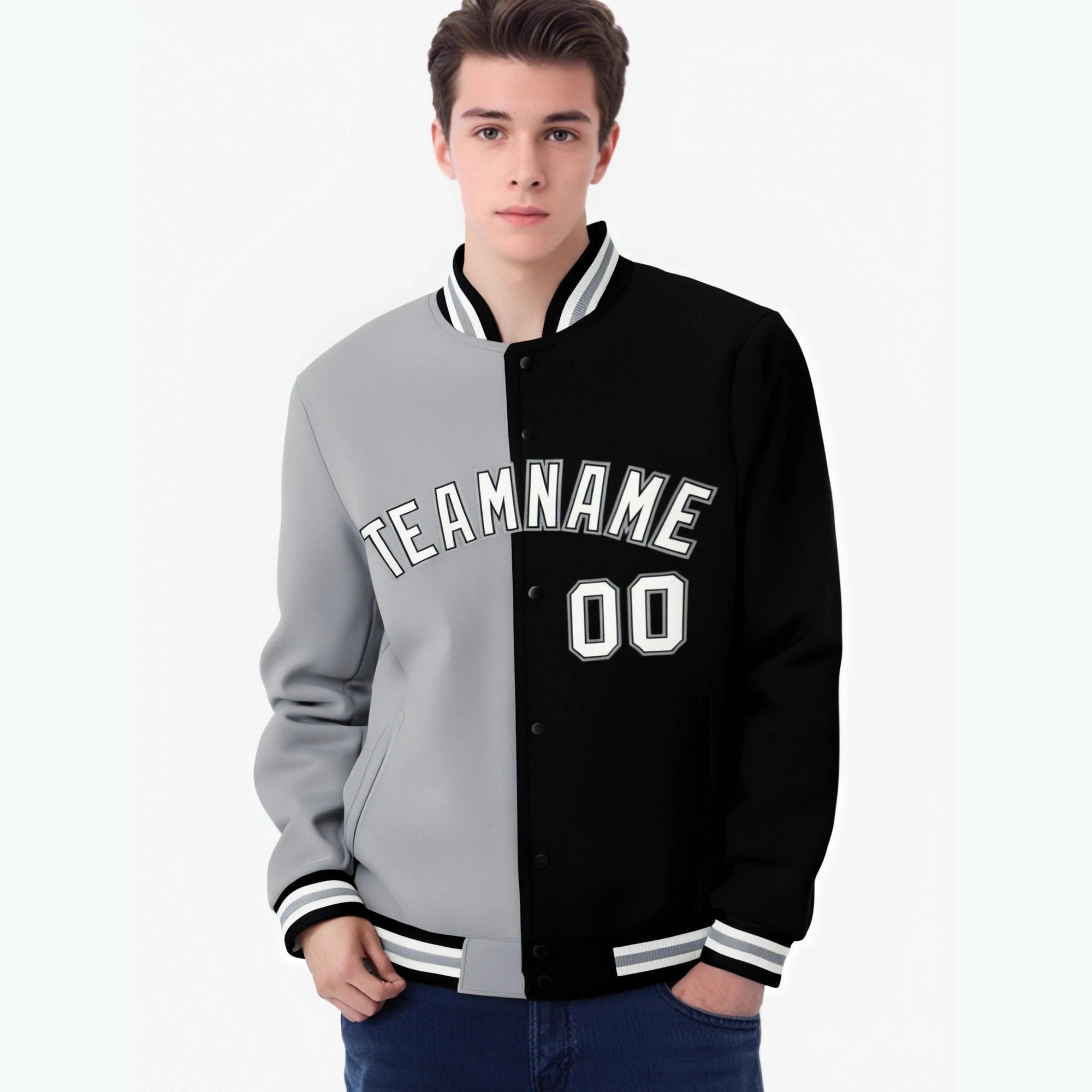 Custom Gray White Black Bomber Full-Snap Varsity Letterman Split Fashion Jacket