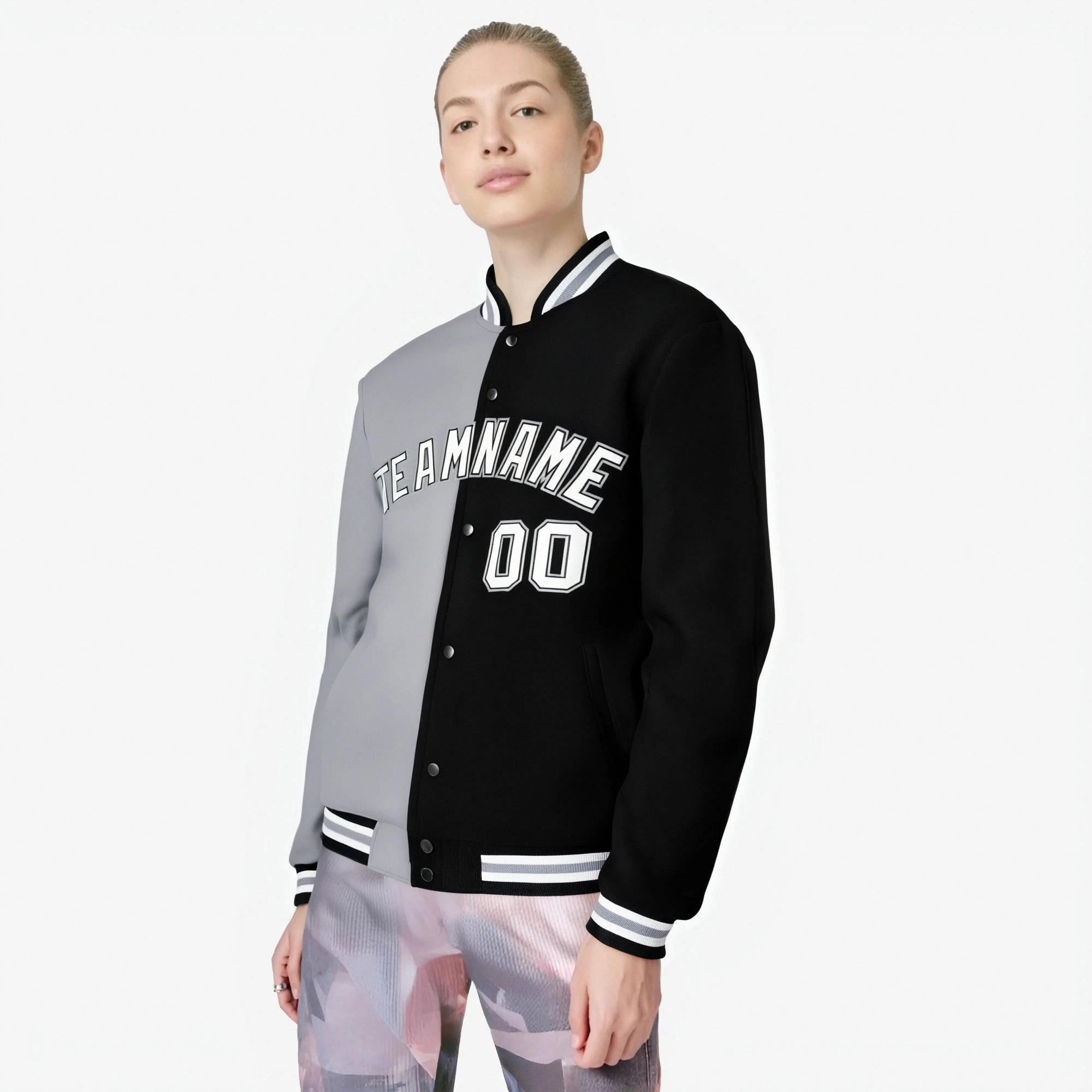 Custom Gray White Black Bomber Full-Snap Varsity Letterman Split Fashion Jacket