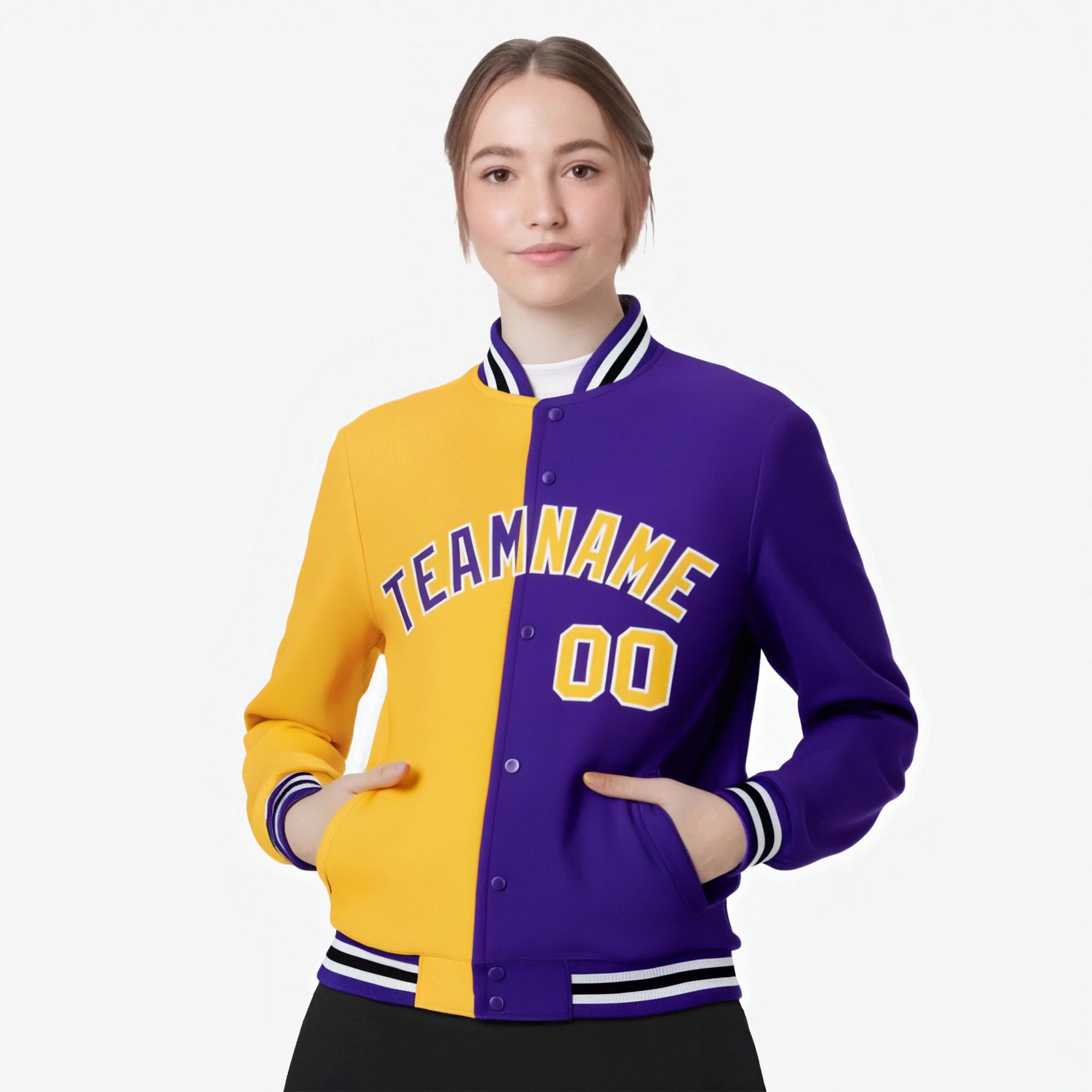 Custom Yellow White Purple Bomber Full-Snap Varsity Letterman Split Fashion Jacket