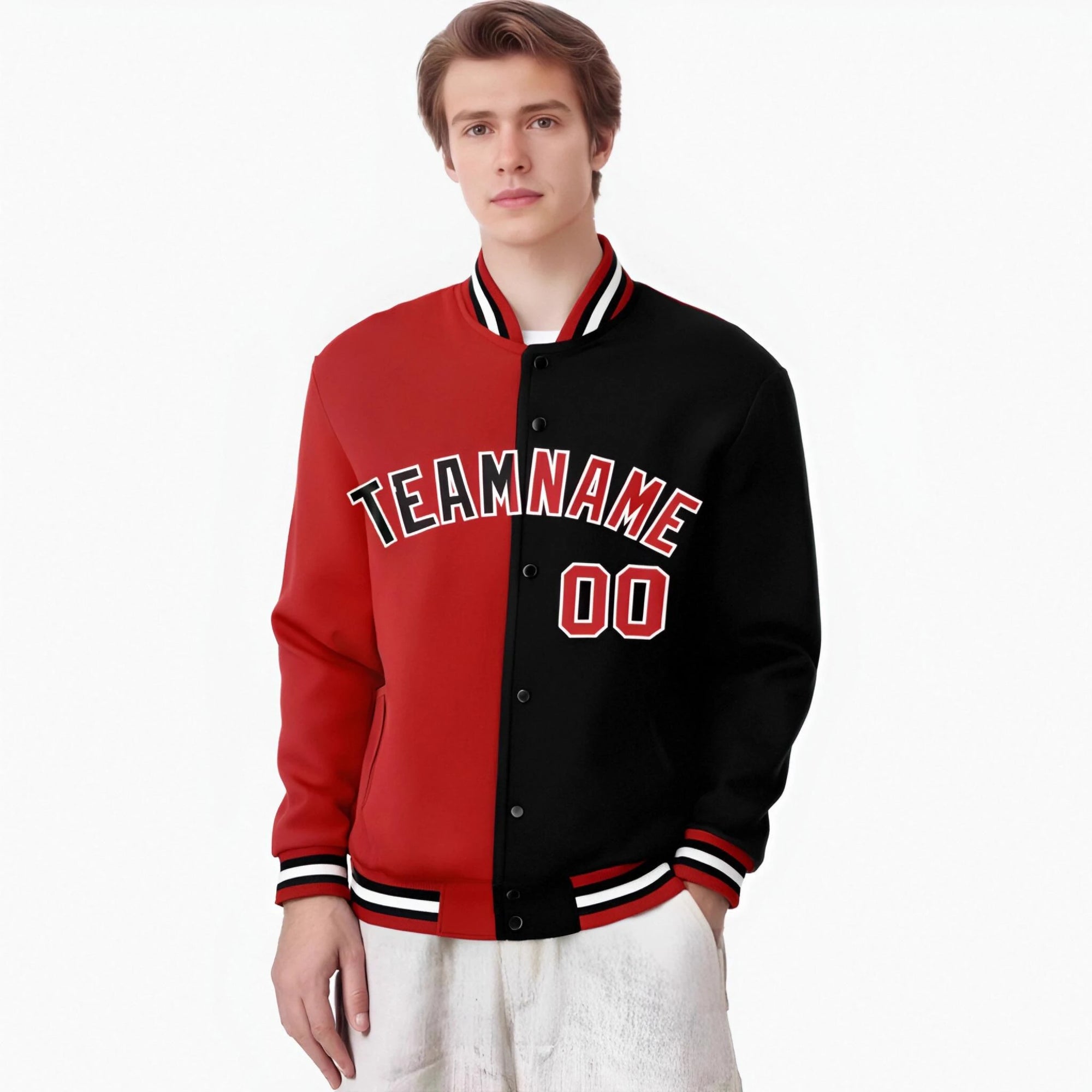 Custom Royal-Red White Black Bomber Full-Snap Varsity Letterman Split Fashion Jacket