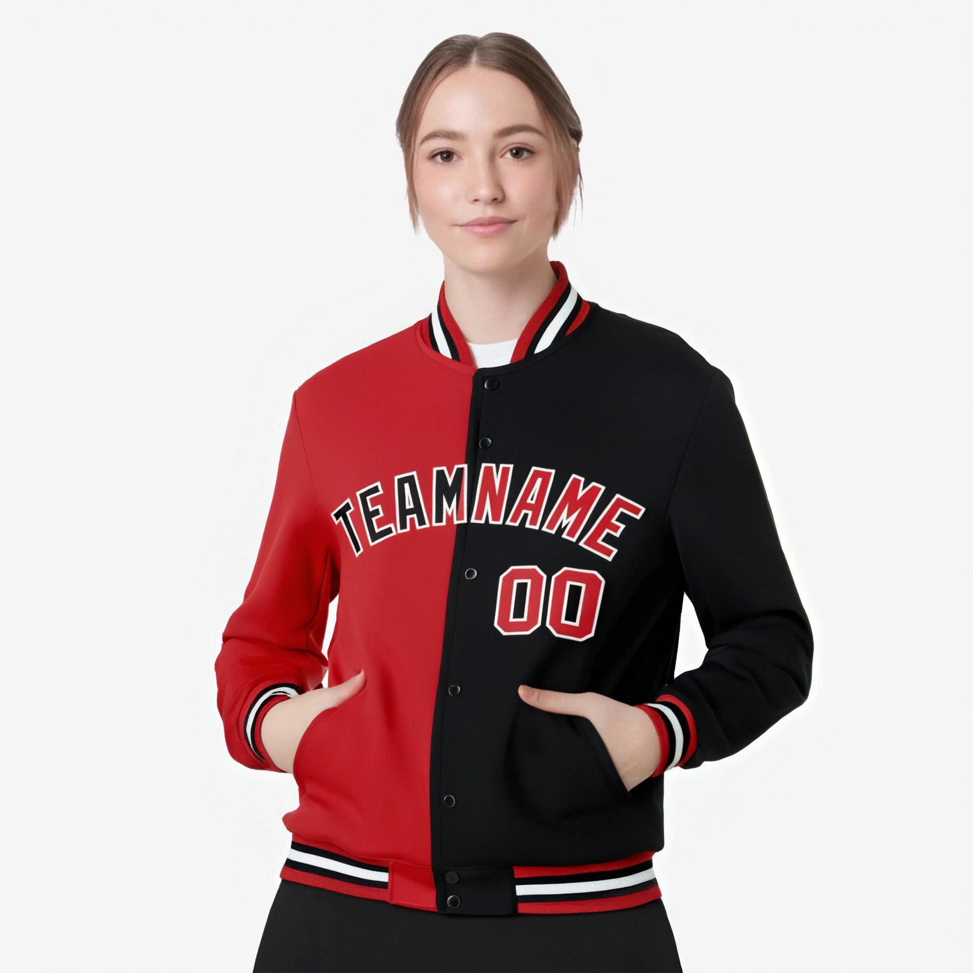 Custom Royal-Red White Black Bomber Full-Snap Varsity Letterman Split Fashion Jacket