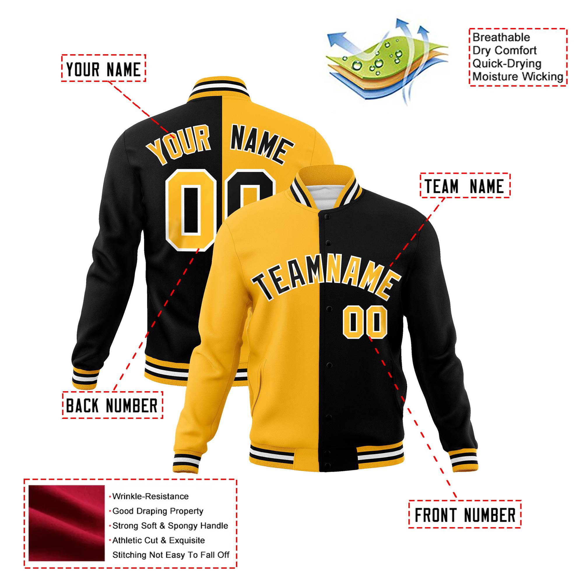 Custom Yellow White Black Bomber Full-Snap Varsity Letterman Split Fashion Jacket