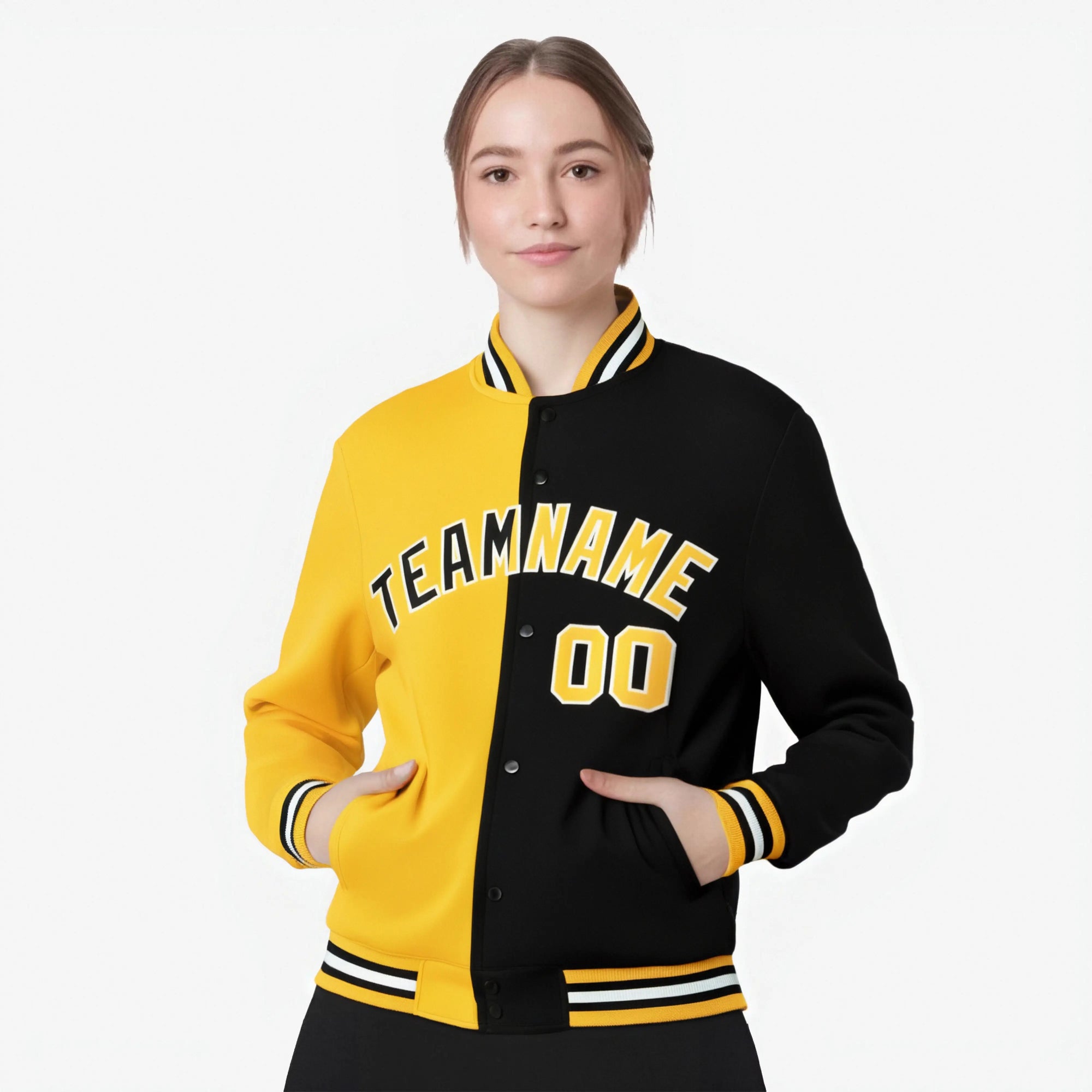 Custom Yellow White Black Bomber Full-Snap Varsity Letterman Split Fashion Jacket