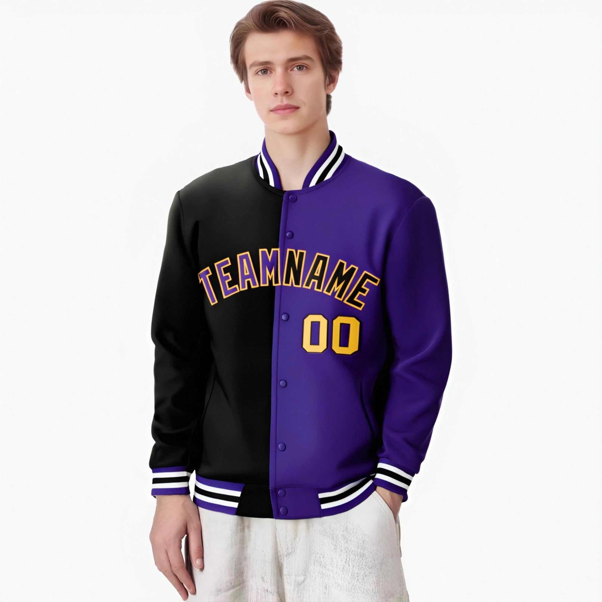 Custom Black Yellow Purple Bomber Full-Snap Varsity Letterman Split Fashion Jacket