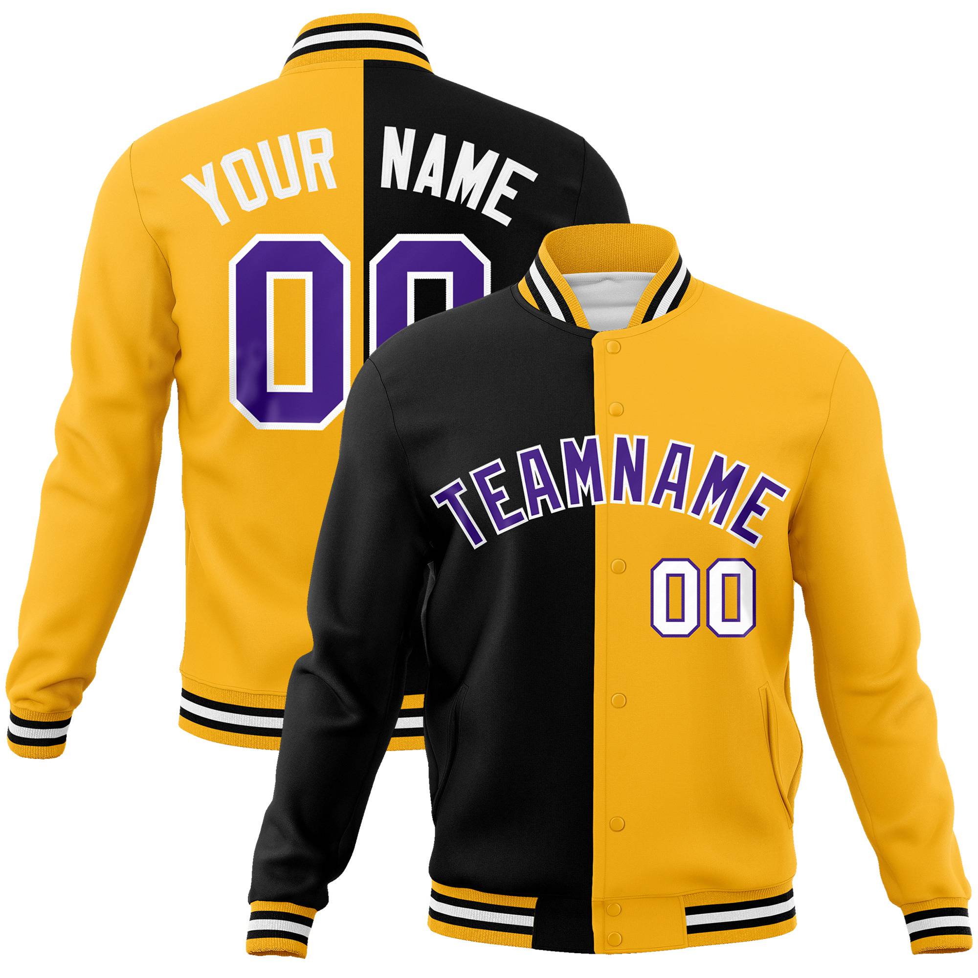 Custom Black Purple Yellow Bomber Full-Snap Varsity Letterman Split Fashion Jacket