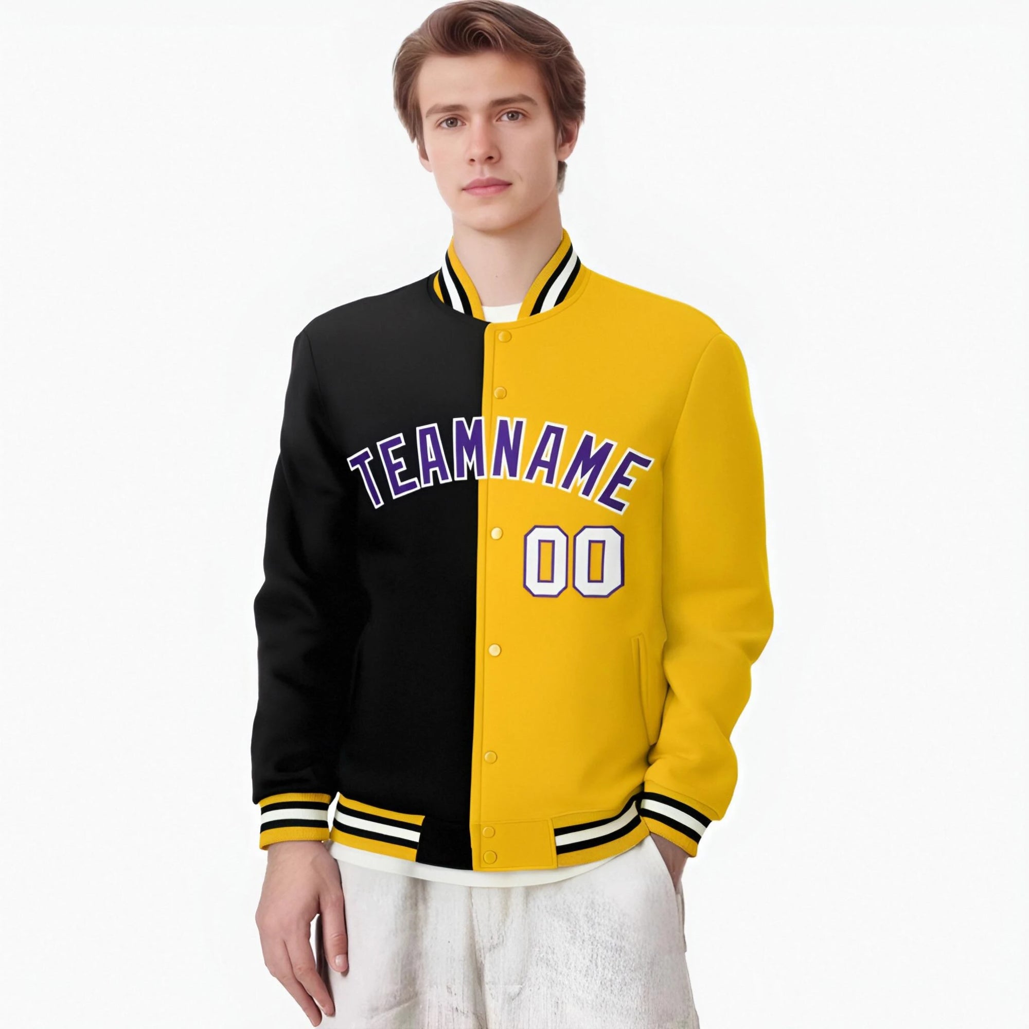 Custom Black Purple Yellow Bomber Full-Snap Varsity Letterman Split Fashion Jacket