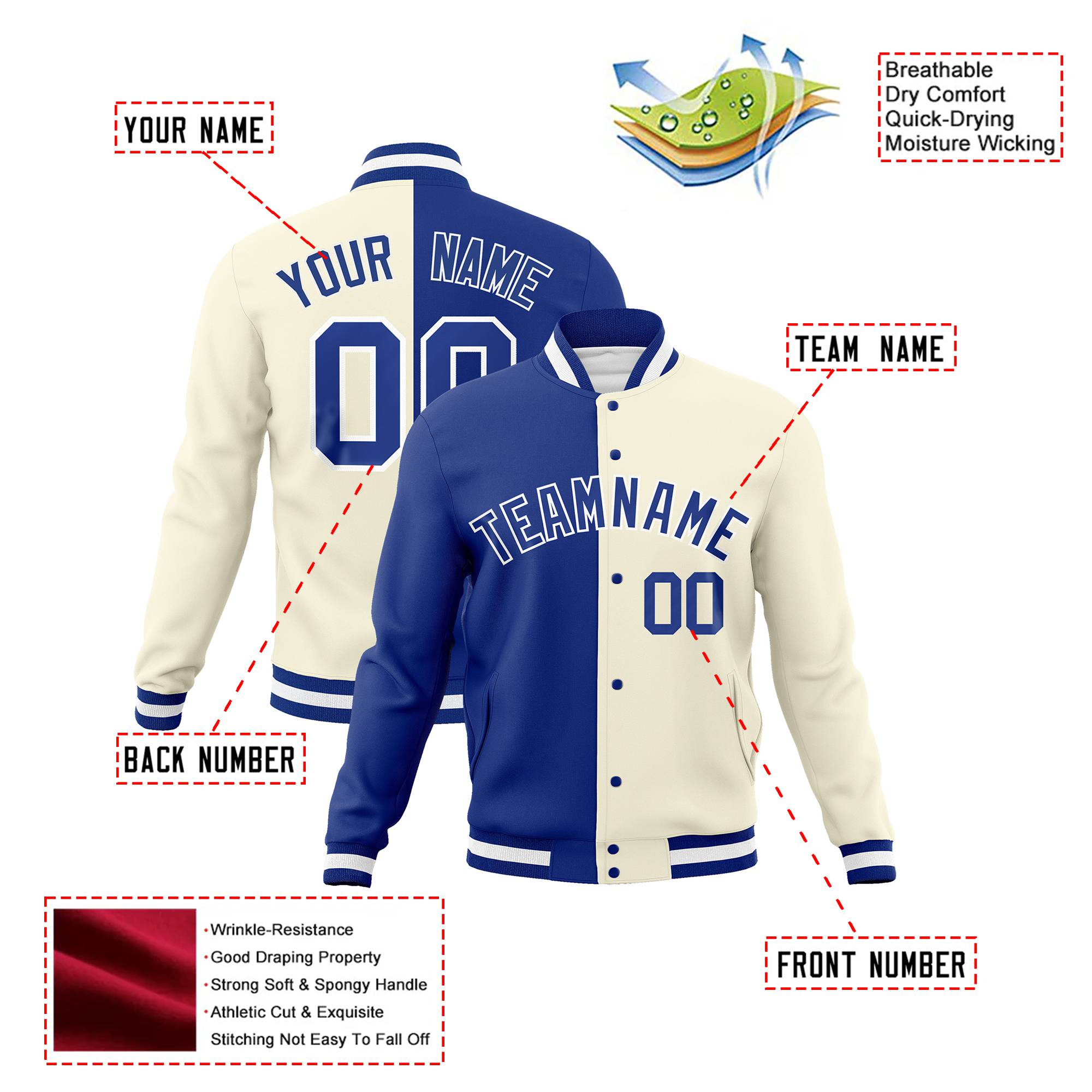 Custom Thunder-Blue Cream White Bomber Full-Snap Varsity Letterman Split Fashion Jacket