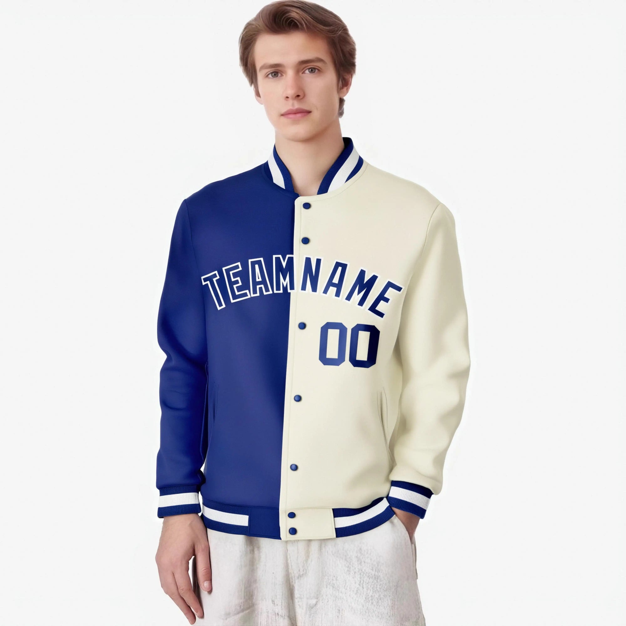 Custom Thunder-Blue Cream White Bomber Full-Snap Varsity Letterman Split Fashion Jacket