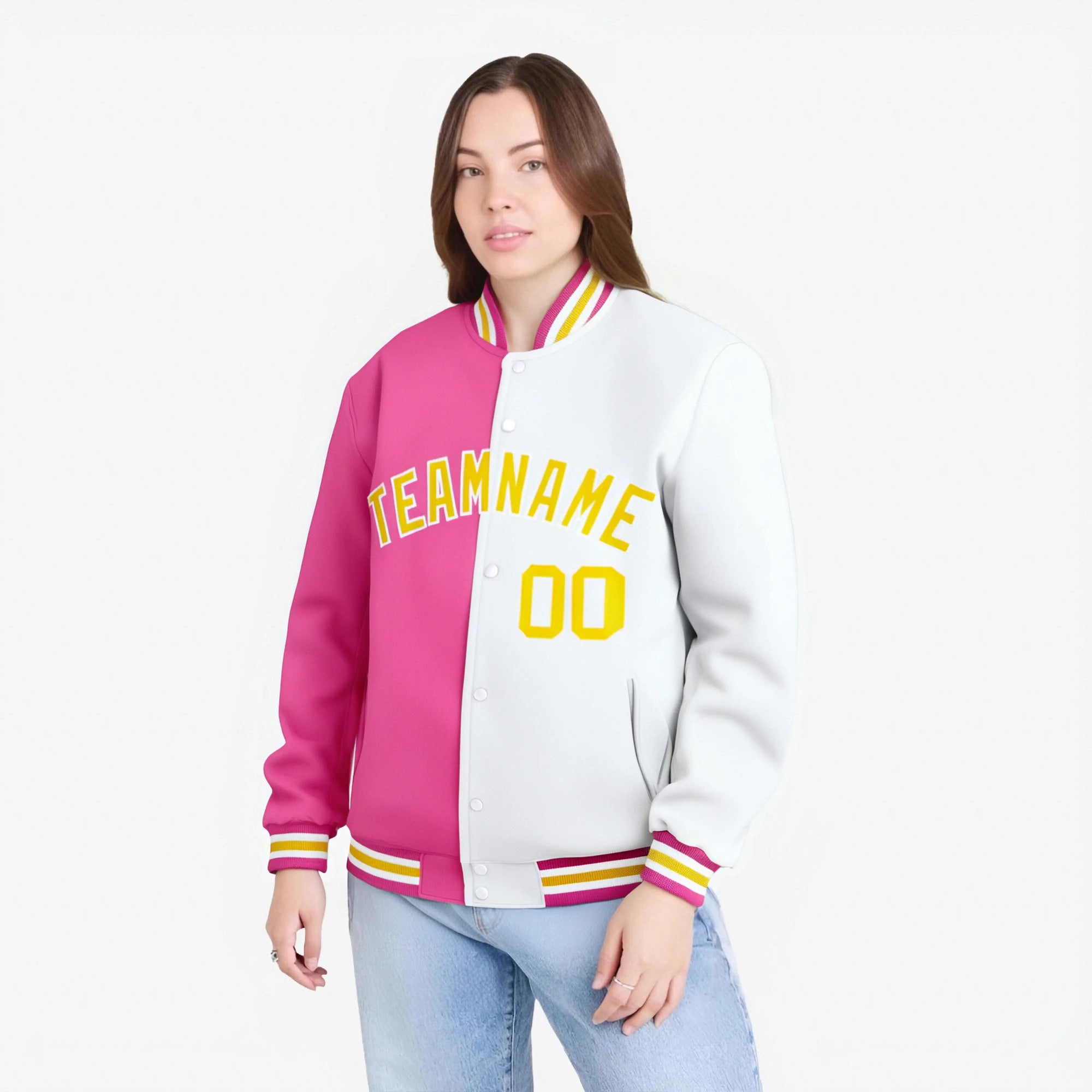 Custom Pink White Yellow Bomber Full-Snap Varsity Letterman Split Fashion Jacket