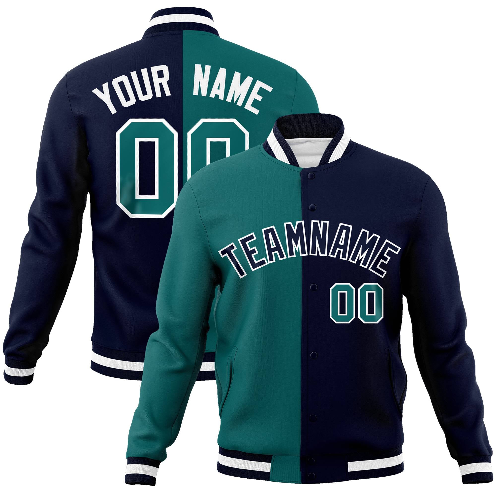 Custom Kelly-Green Navy White Bomber Full-Snap Varsity Letterman Split Fashion Jacket