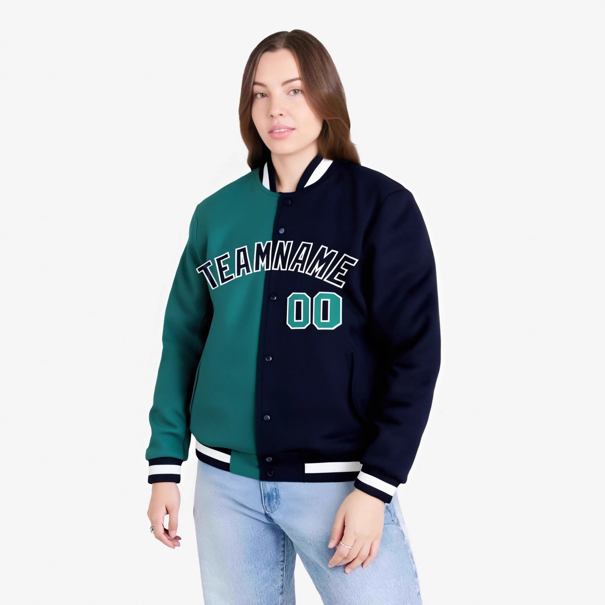 Custom Kelly-Green Navy White Bomber Full-Snap Varsity Letterman Split Fashion Jacket