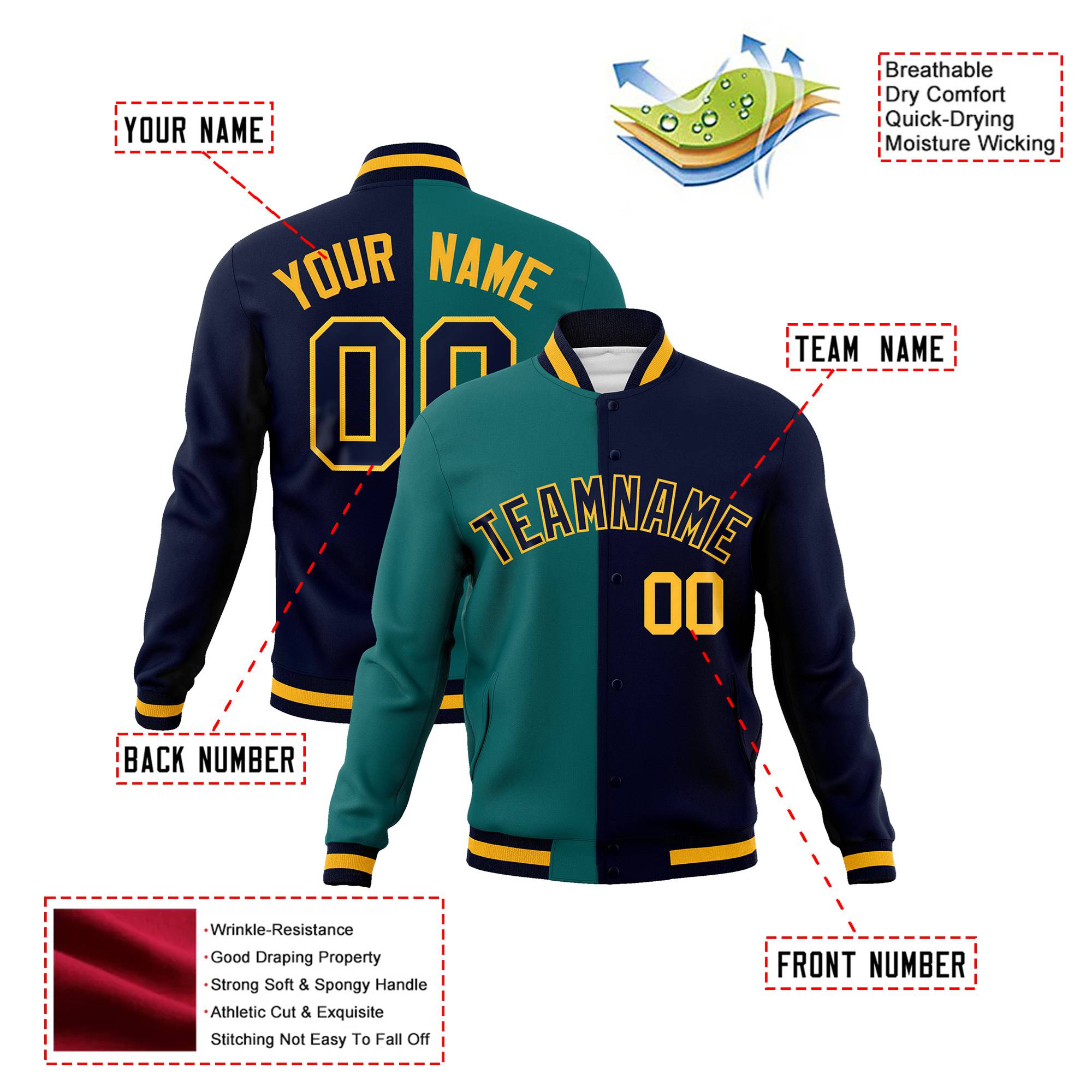 Custom Kelly-Green Navy Yellow Bomber Full-Snap Varsity Letterman Split Fashion Jacket