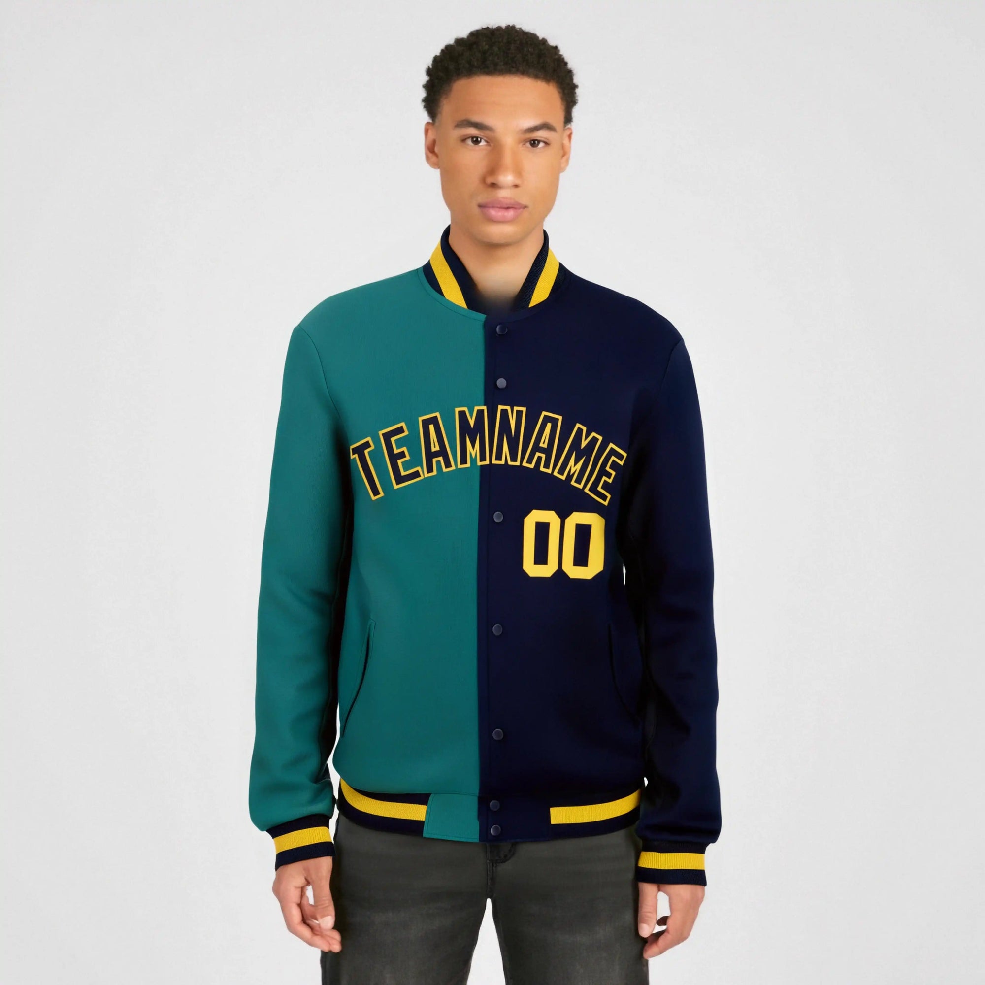 Custom Kelly-Green Navy Yellow Bomber Full-Snap Varsity Letterman Split Fashion Jacket