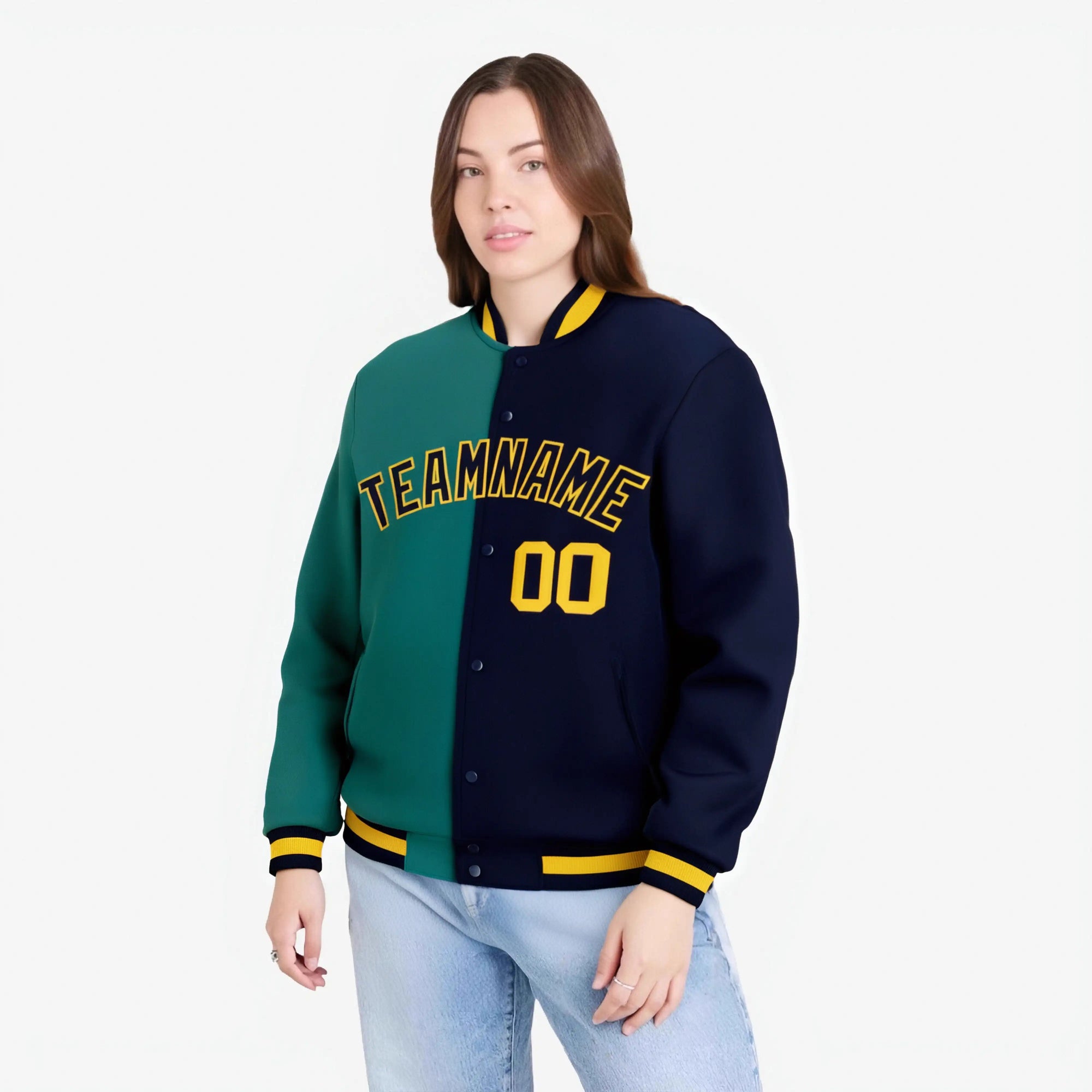 Custom Kelly-Green Navy Yellow Bomber Full-Snap Varsity Letterman Split Fashion Jacket