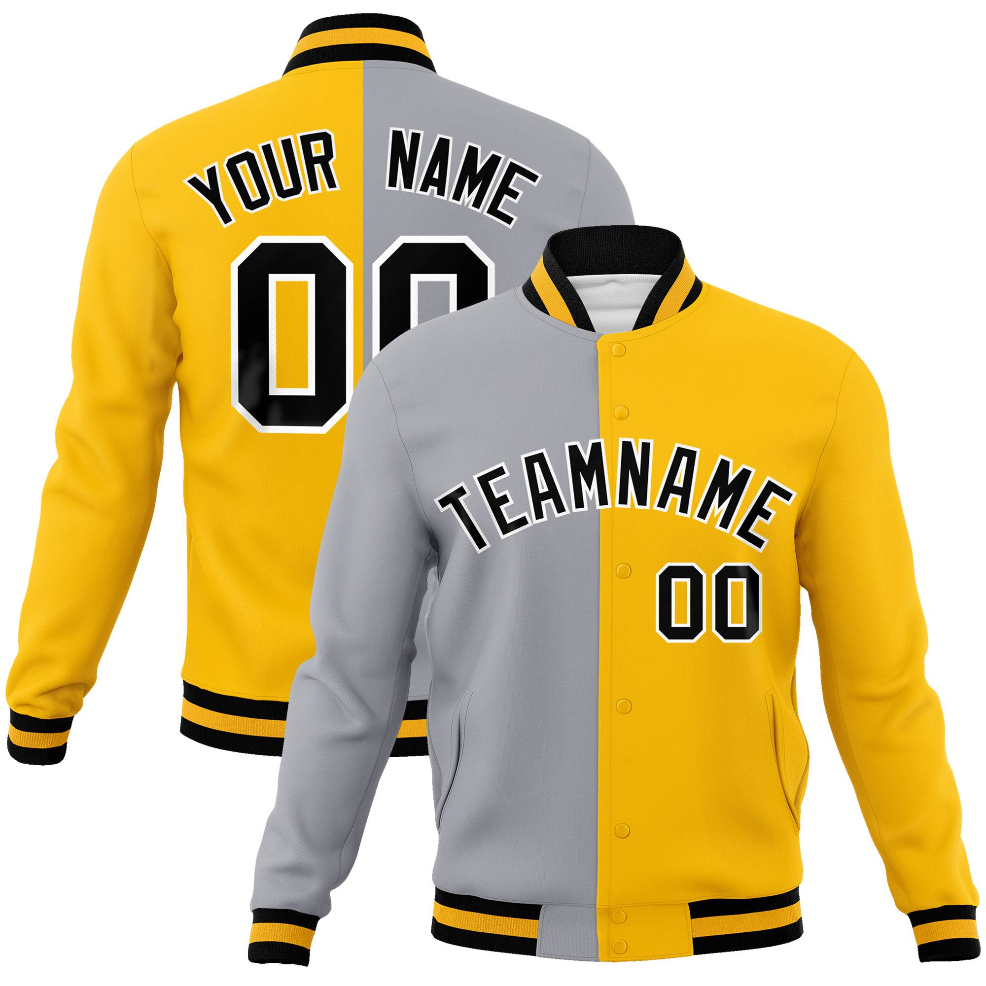 Custom Gray Yellow Black Bomber Full-Snap Varsity Letterman Split Fashion Jacket