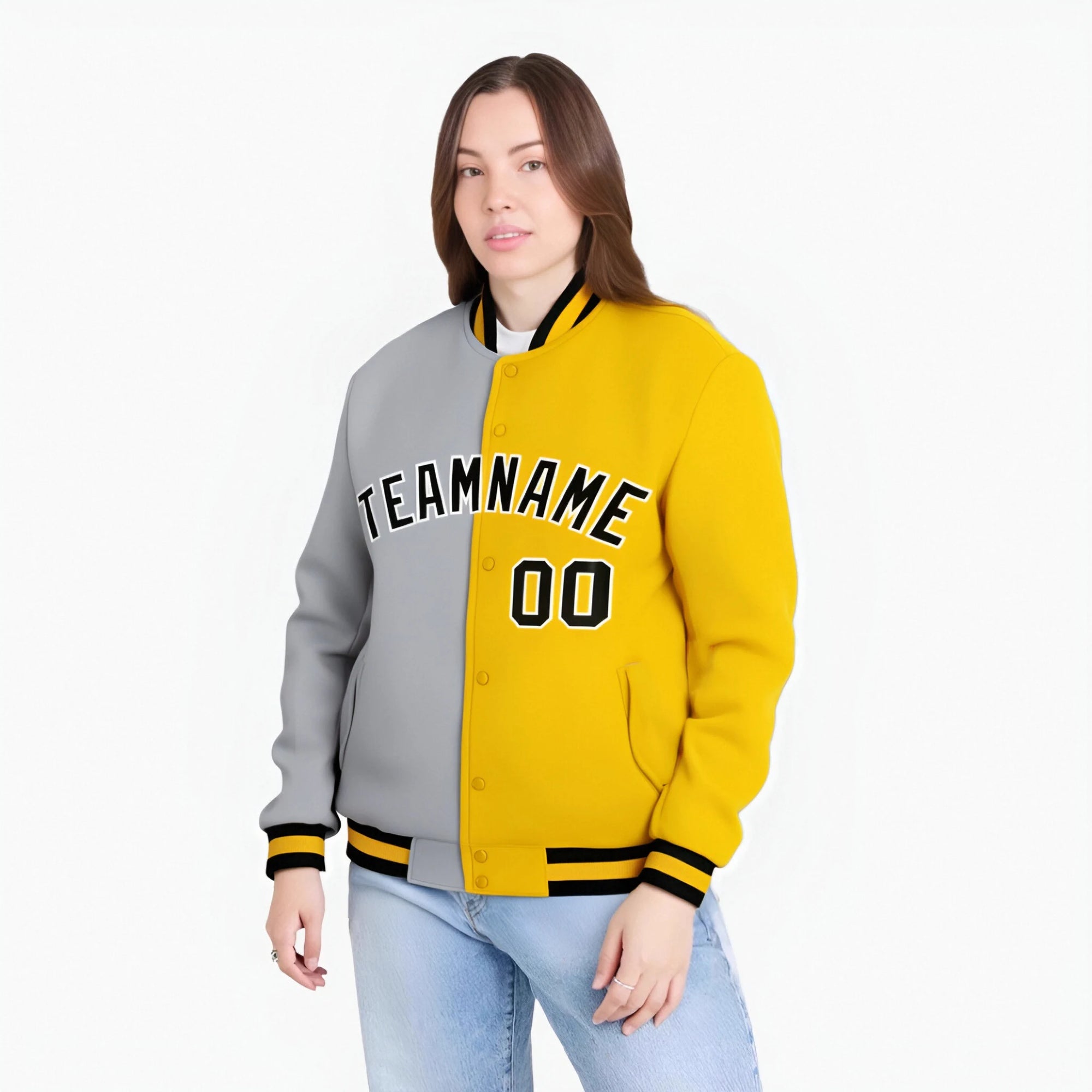 Custom Gray Yellow Black Bomber Full-Snap Varsity Letterman Split Fashion Jacket