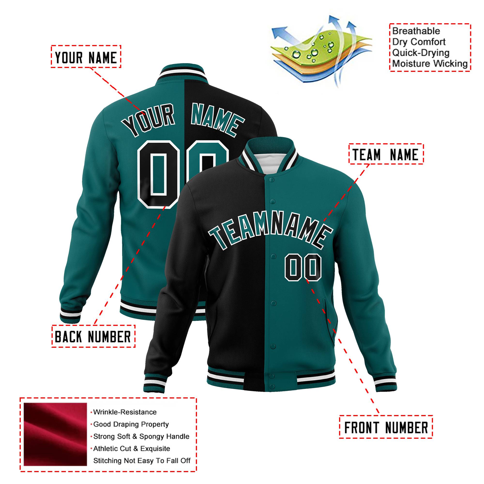 Custom Black White Aqua Bomber Full-Snap Varsity Letterman Split Fashion Jacket