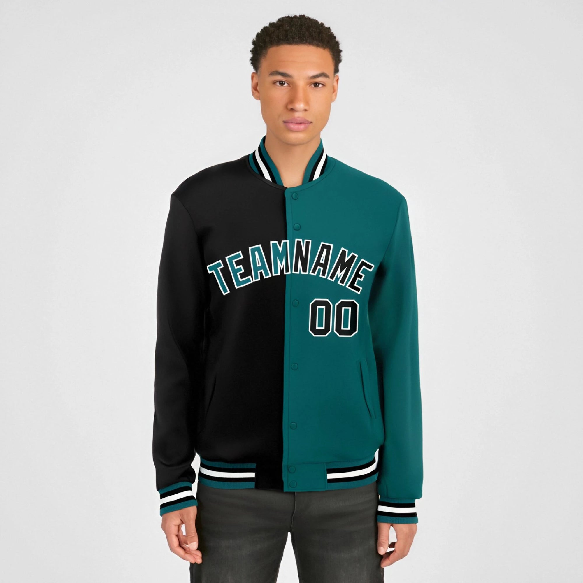 Custom Black White Aqua Bomber Full-Snap Varsity Letterman Split Fashion Jacket