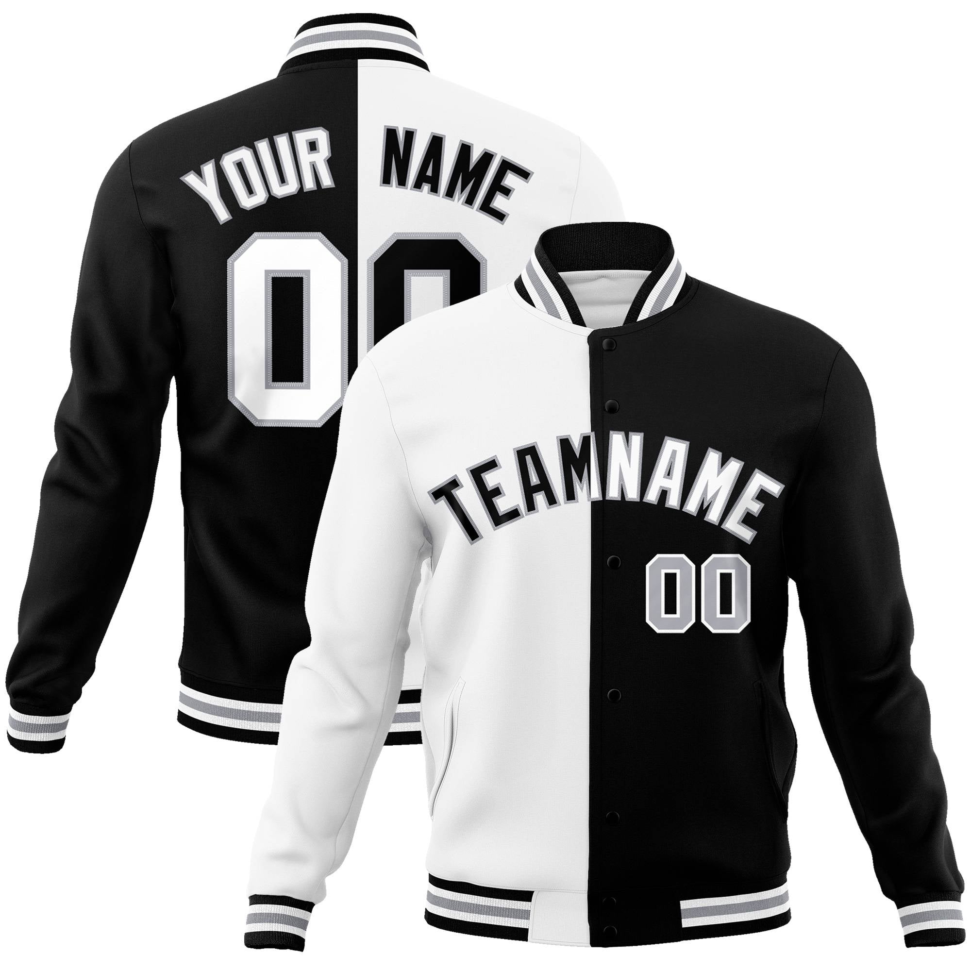 Custom White Black Gray Bomber Full-Snap Varsity Letterman Split Fashion Jacket