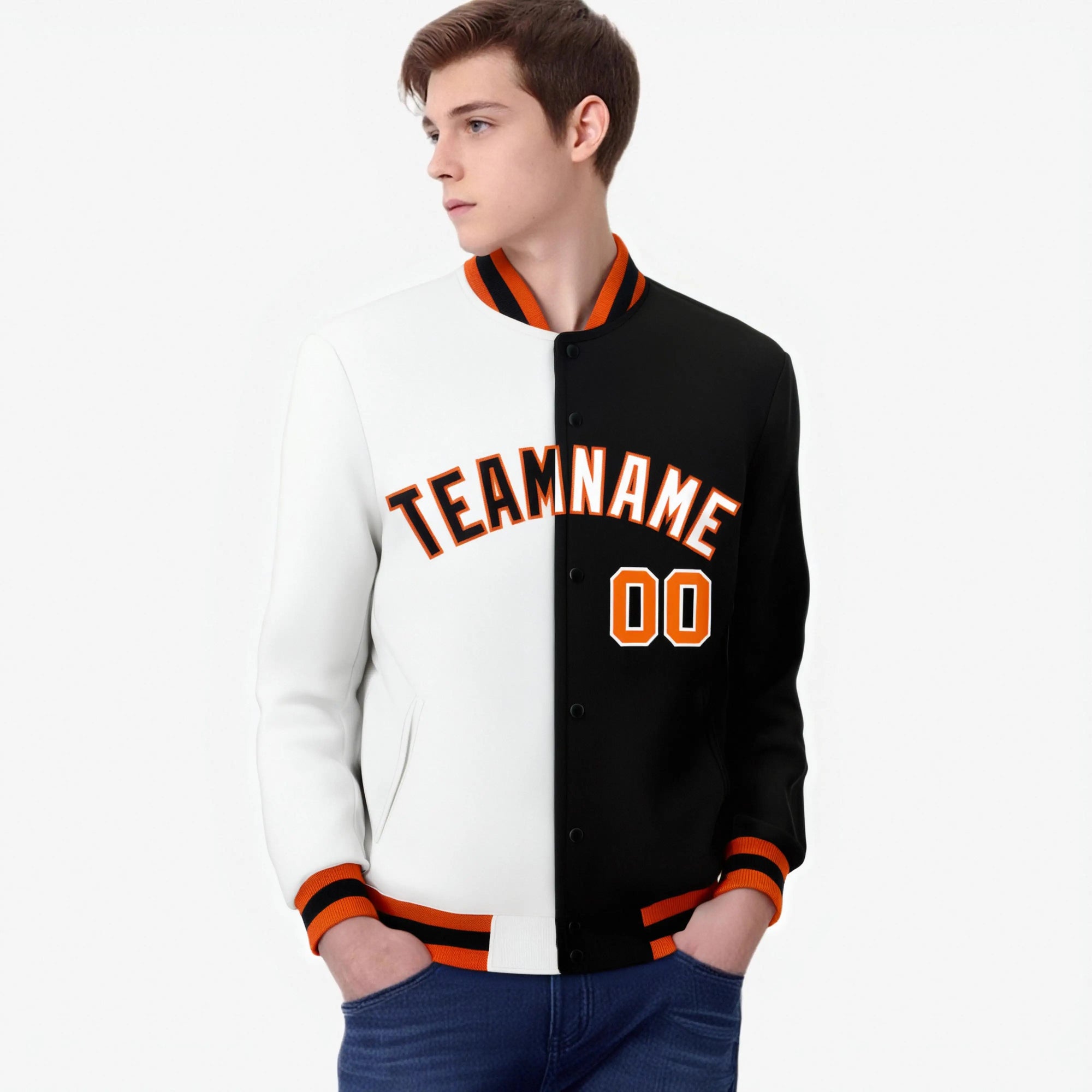 Custom White Black Orange Bomber Full-Snap Varsity Letterman Split Fashion Jacket