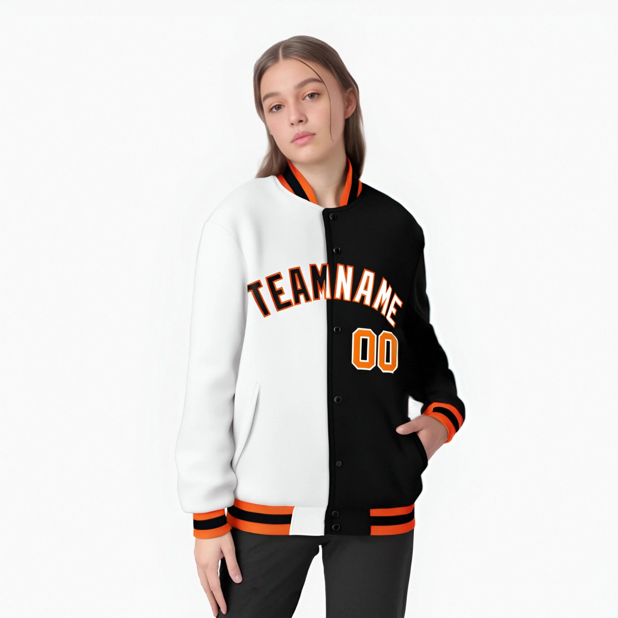 Custom White Black Orange Bomber Full-Snap Varsity Letterman Split Fashion Jacket