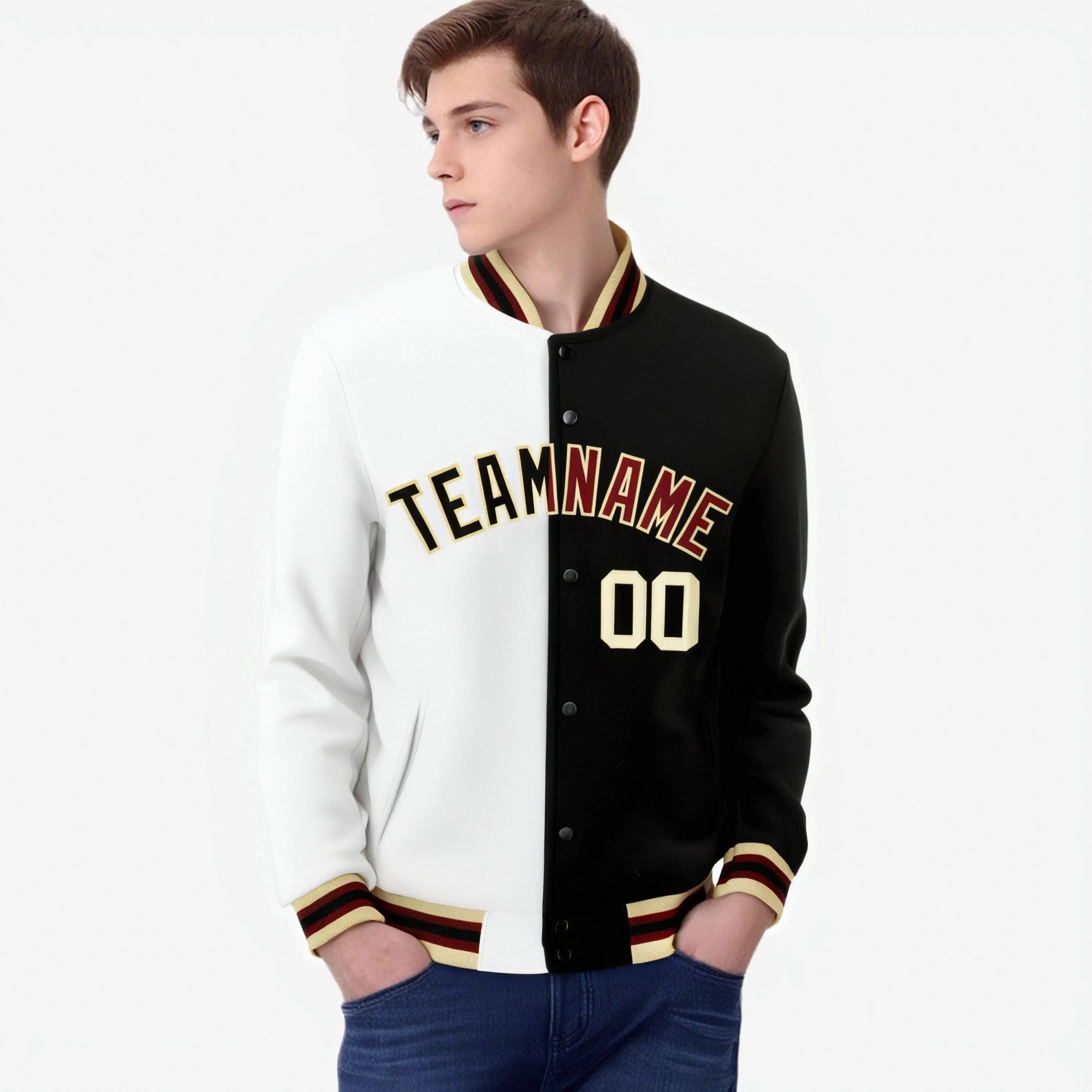 Custom White Black Cream Bomber Full-Snap Varsity Letterman Split Fashion Jacket